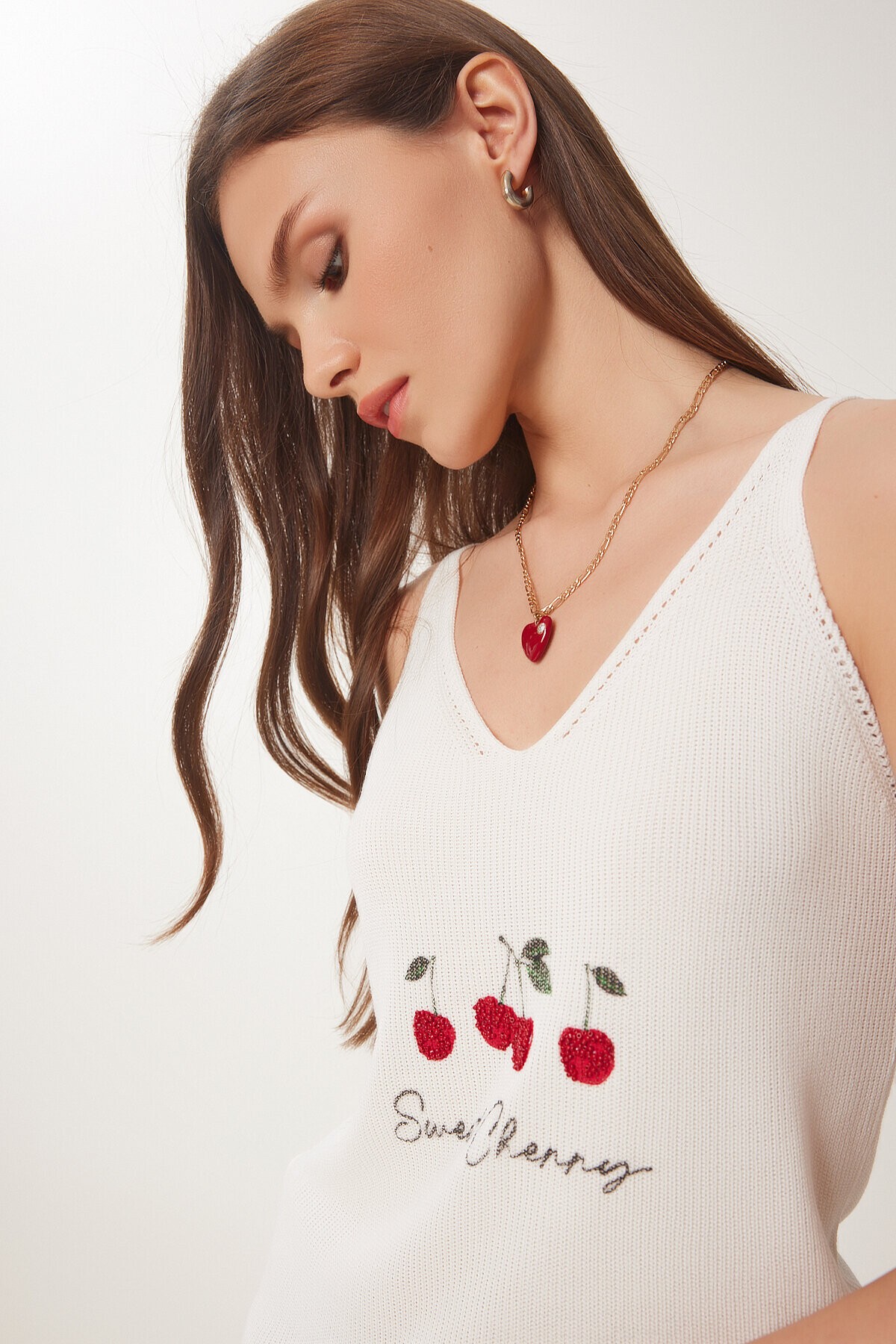 Boncuk Detaylı Baskılı Triko Bluz KEMİK LNS0046