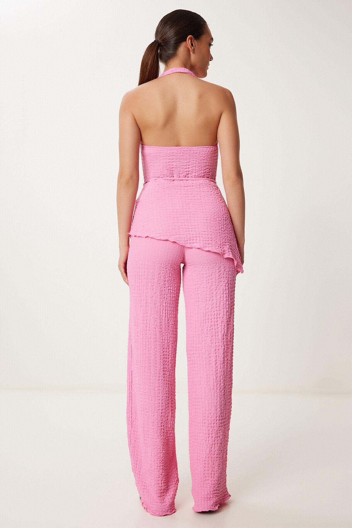 Boyundan Geçmeli Bluz Pantolon Esnek Örme Takım PEMBE LDP0048