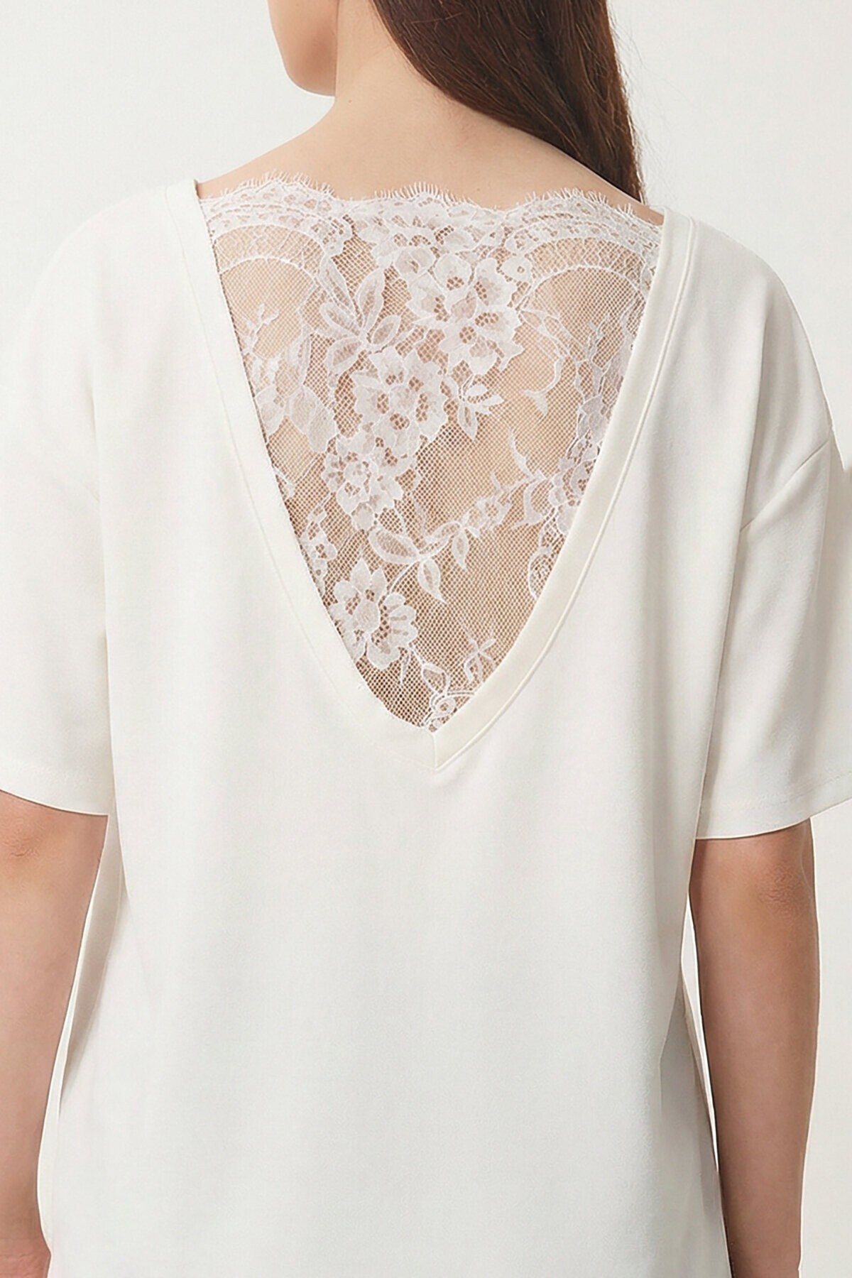 Dantel Detaylı Oversize Modal T-shirt EKRU LNT0030