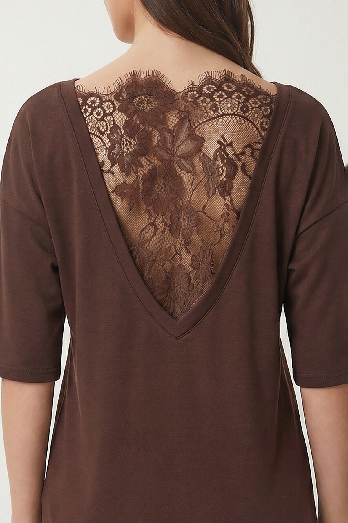 Dantel Detaylı Oversize Modal T-shirt KAHVERENGİ LNT0030