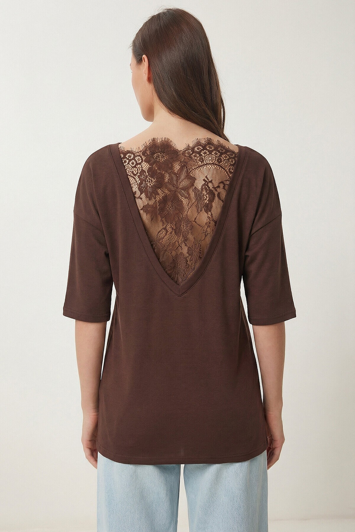 Dantel Detaylı Oversize Modal T-shirt KAHVERENGİ LNT0030