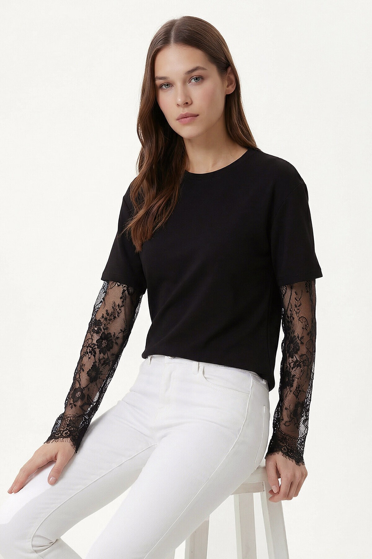 Dantel Detaylı Oversize Modal T-shirt SİYAH LNT0028
