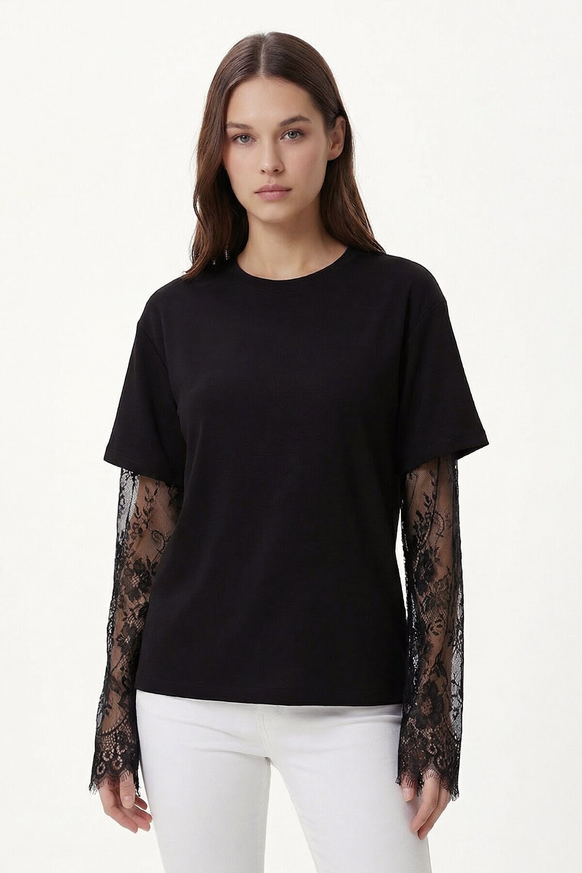 Dantel Detaylı Oversize Modal T-shirt SİYAH LNT0028