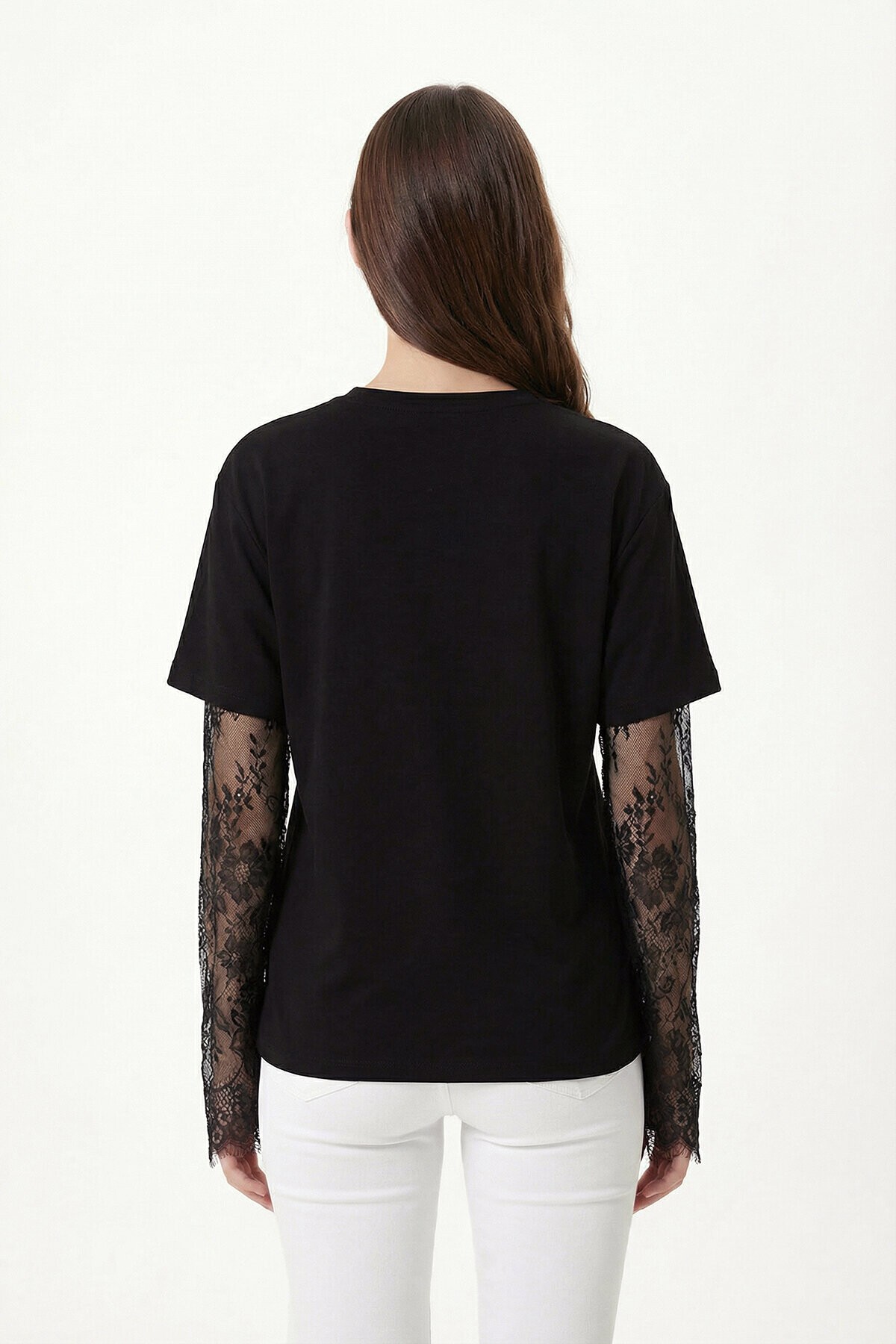 Dantel Detaylı Oversize Modal T-shirt SİYAH LNT0028