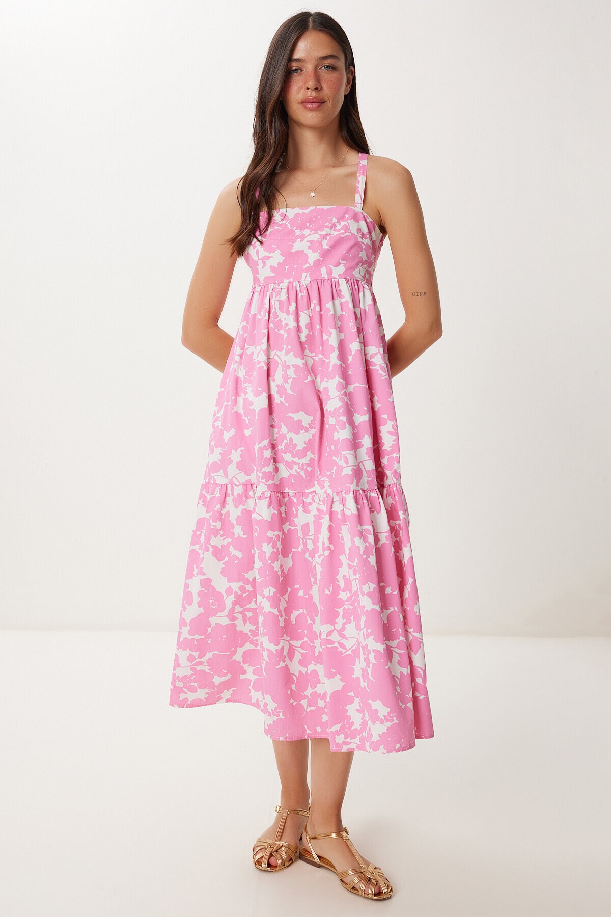 Desenli Askılı Yazlık Dokuma Elbise PEMBE LFK0017