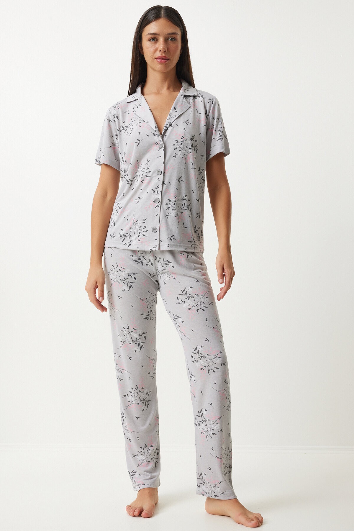 Desenli Gömlek Pantolon Pijama Takımı GRİ LEC0002
