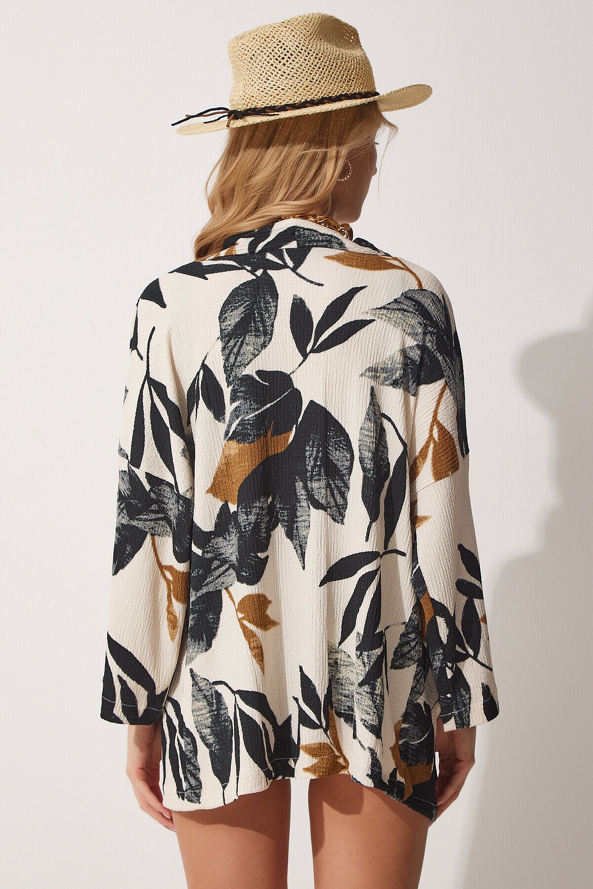 Desenli Krinkıl Viskon Yazlık Kimono SİYAH KREM LDD0025