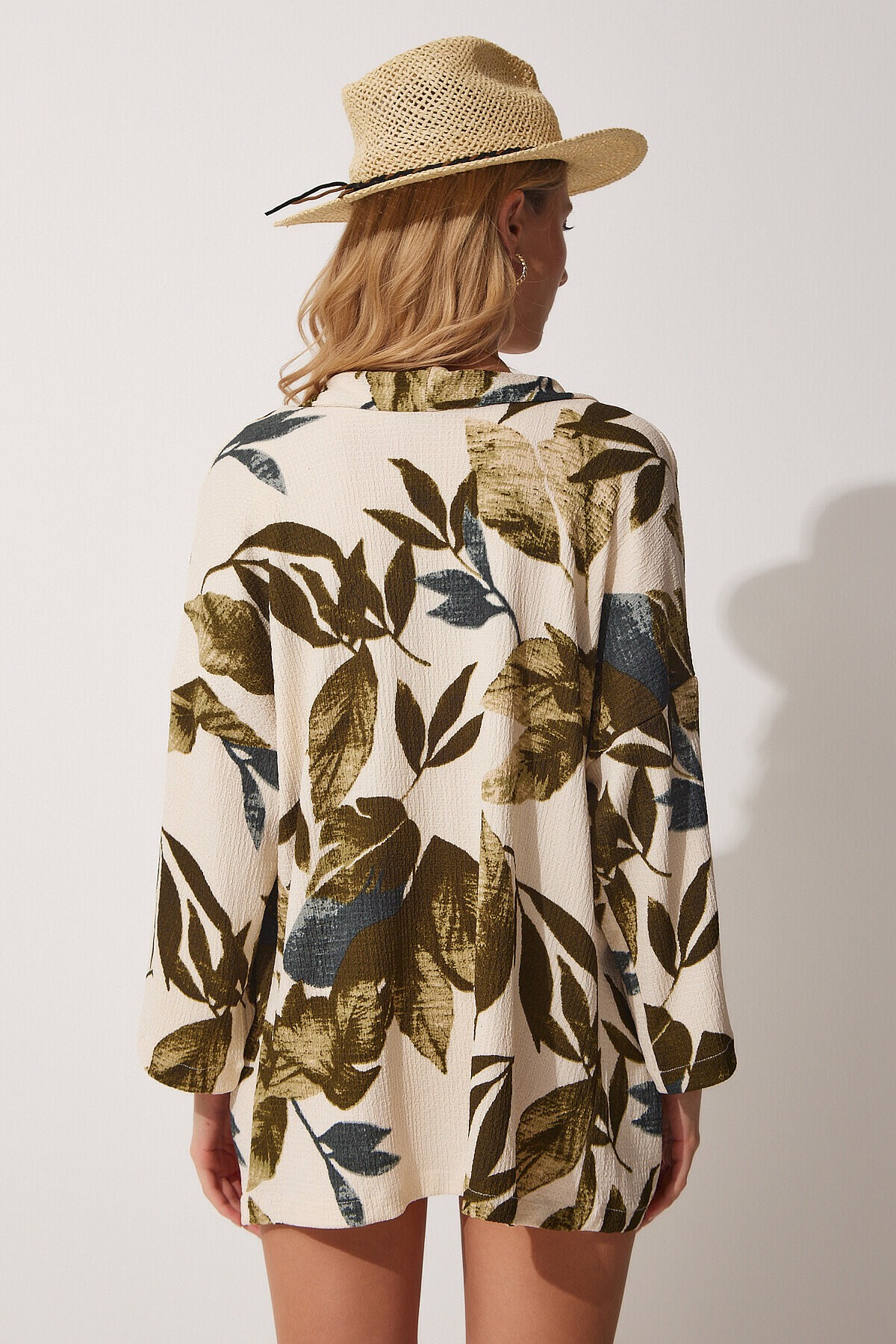 Desenli Krinkıl Viskon Yazlık Kimono YEŞİL KREM LDD0025