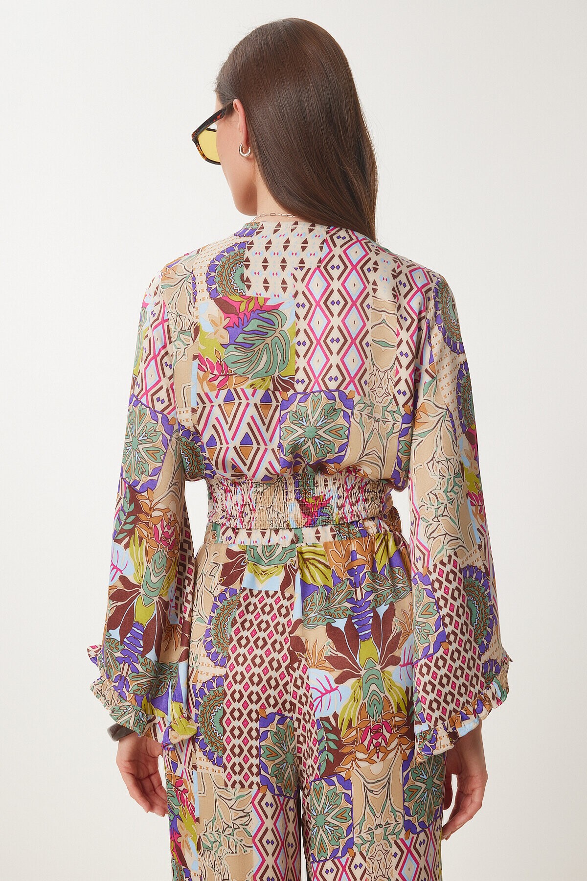 Desenli Saten Crop Alt Üst Takım KREM PEMBE LDP0041