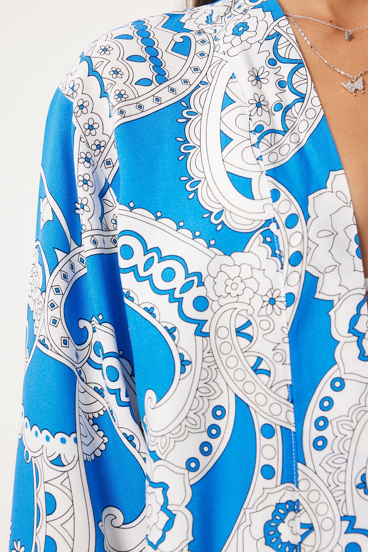 Desenli Viskon Kimono MAVİ BEYAZ LEN0004