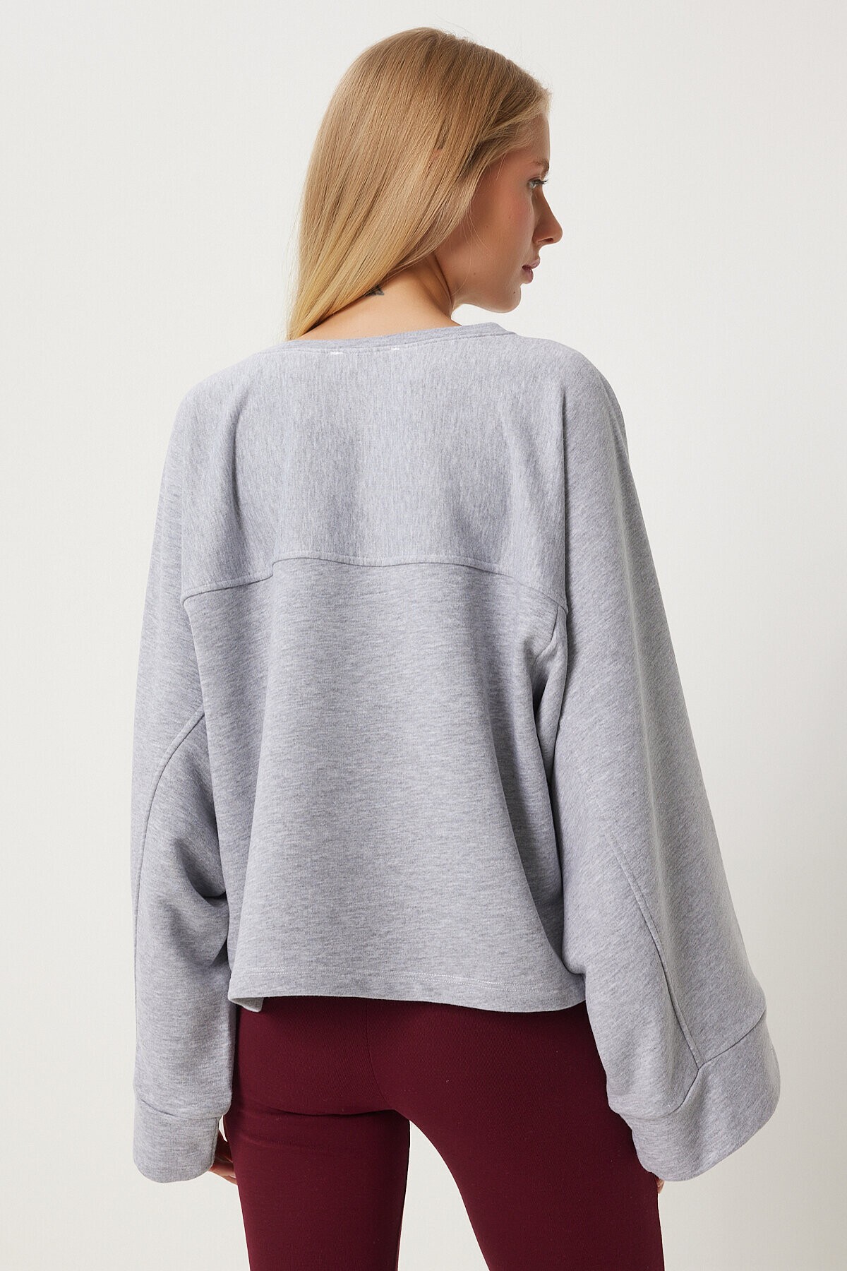 Geniş Kol Oversize Örme Sweatshirt GRİ LFN0112