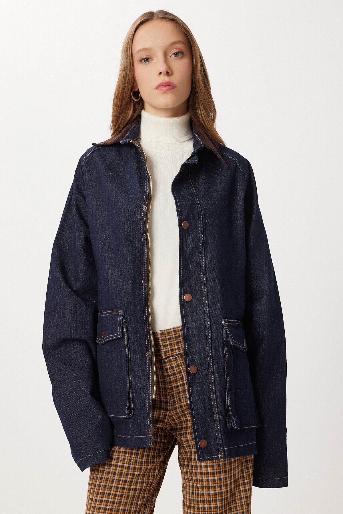 Kadife Yaka Uzun Denim Ceket KOYU MAVİ LRI0025