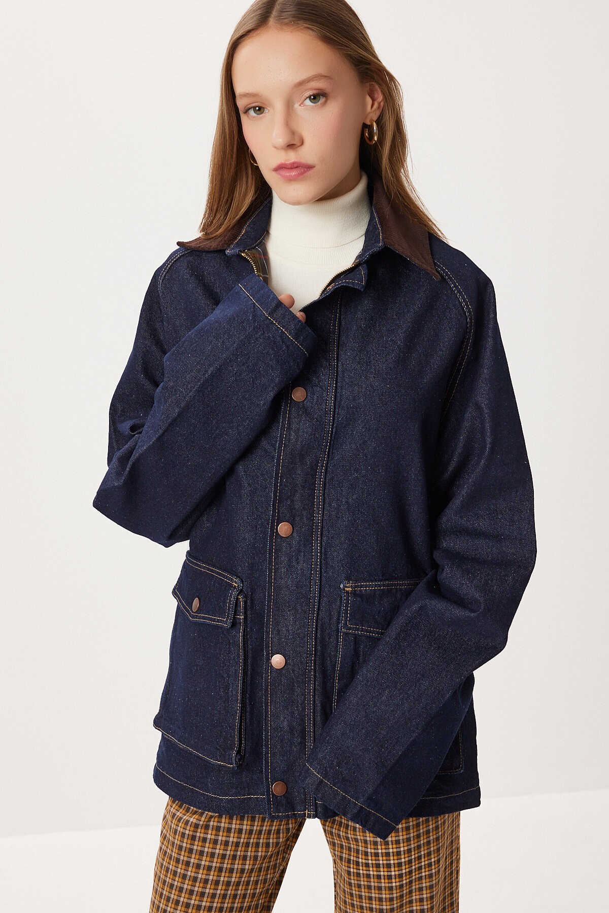 Kadife Yaka Uzun Denim Ceket KOYU MAVİ LRI0025
