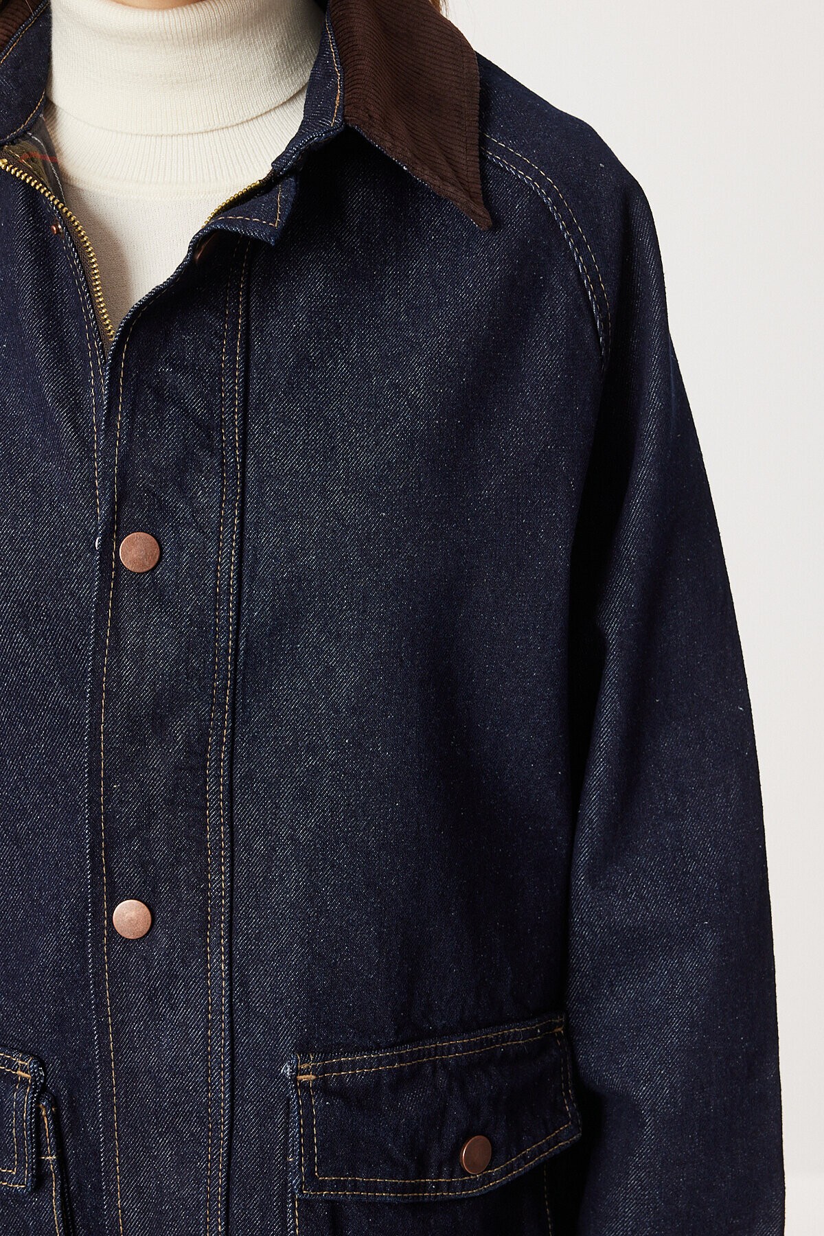 Kadife Yaka Uzun Denim Ceket KOYU MAVİ LRI0025