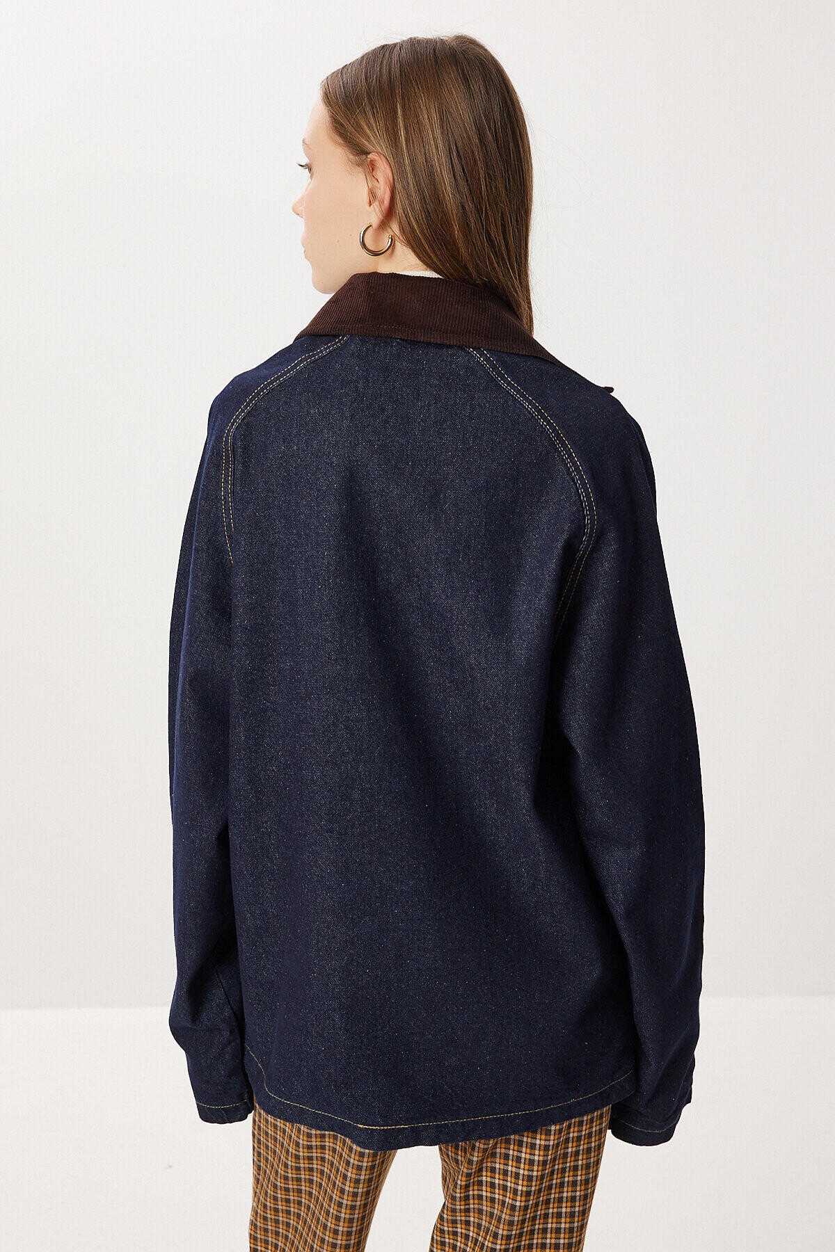Kadife Yaka Uzun Denim Ceket KOYU MAVİ LRI0025