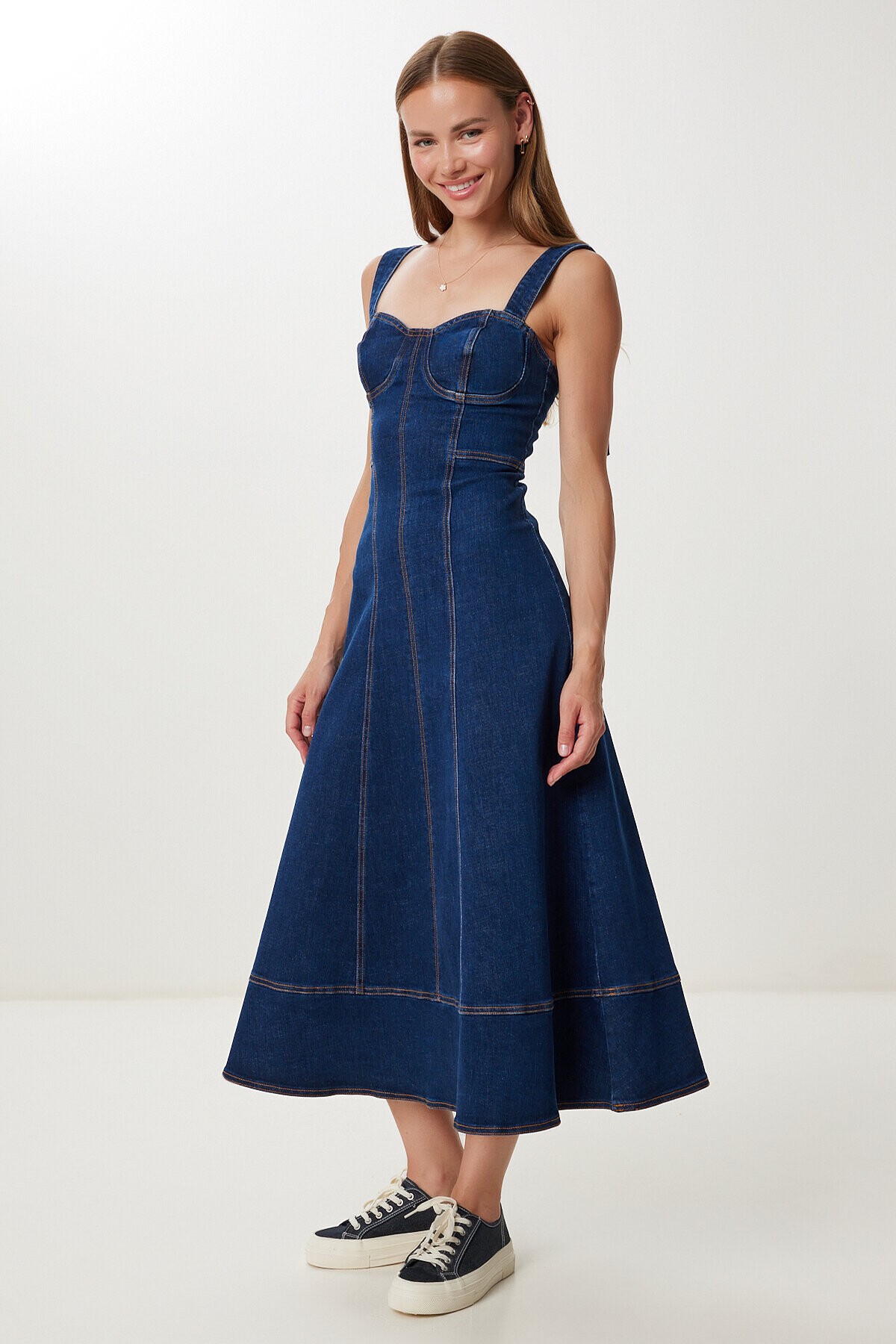 Kalın Askılı Midi Denim Elbise KOYU MAVİ LFG0037