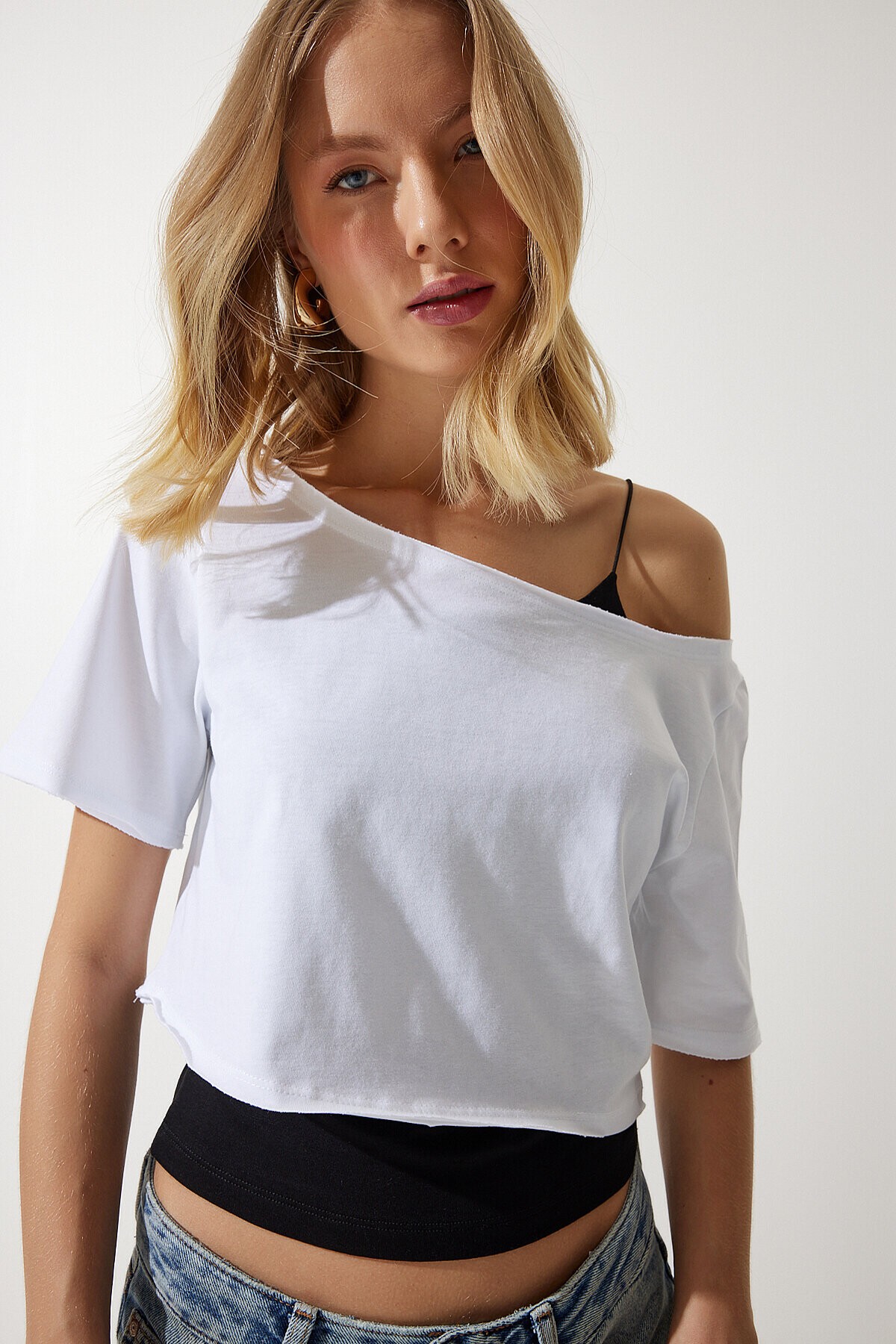 Kayık Yaka Basic Crop 2li Paket Örme T-shirt BEYAZ SİYAH LOW0016