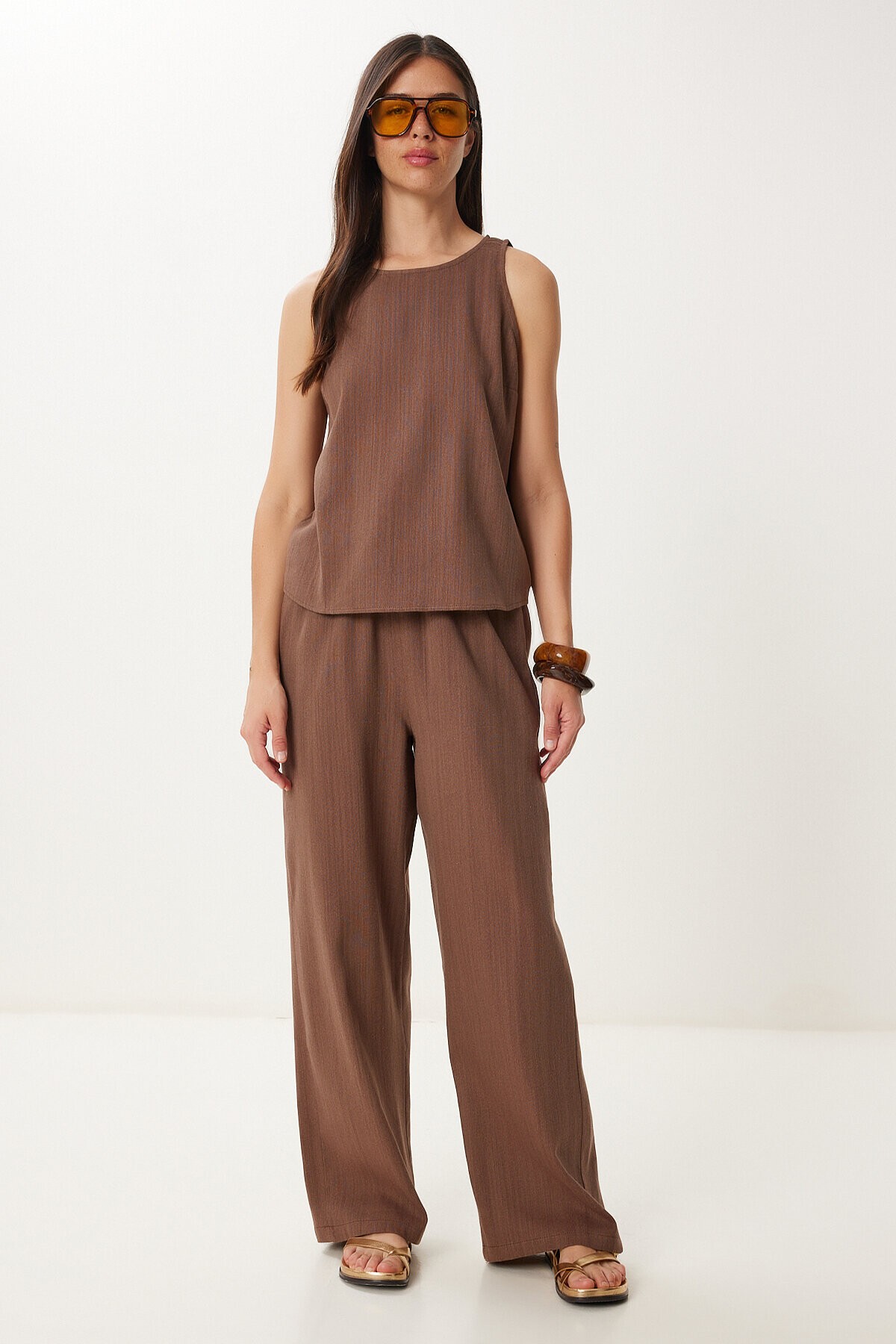 Keten Bluz Pantolon Takım KAHVERENGİ LMC0062