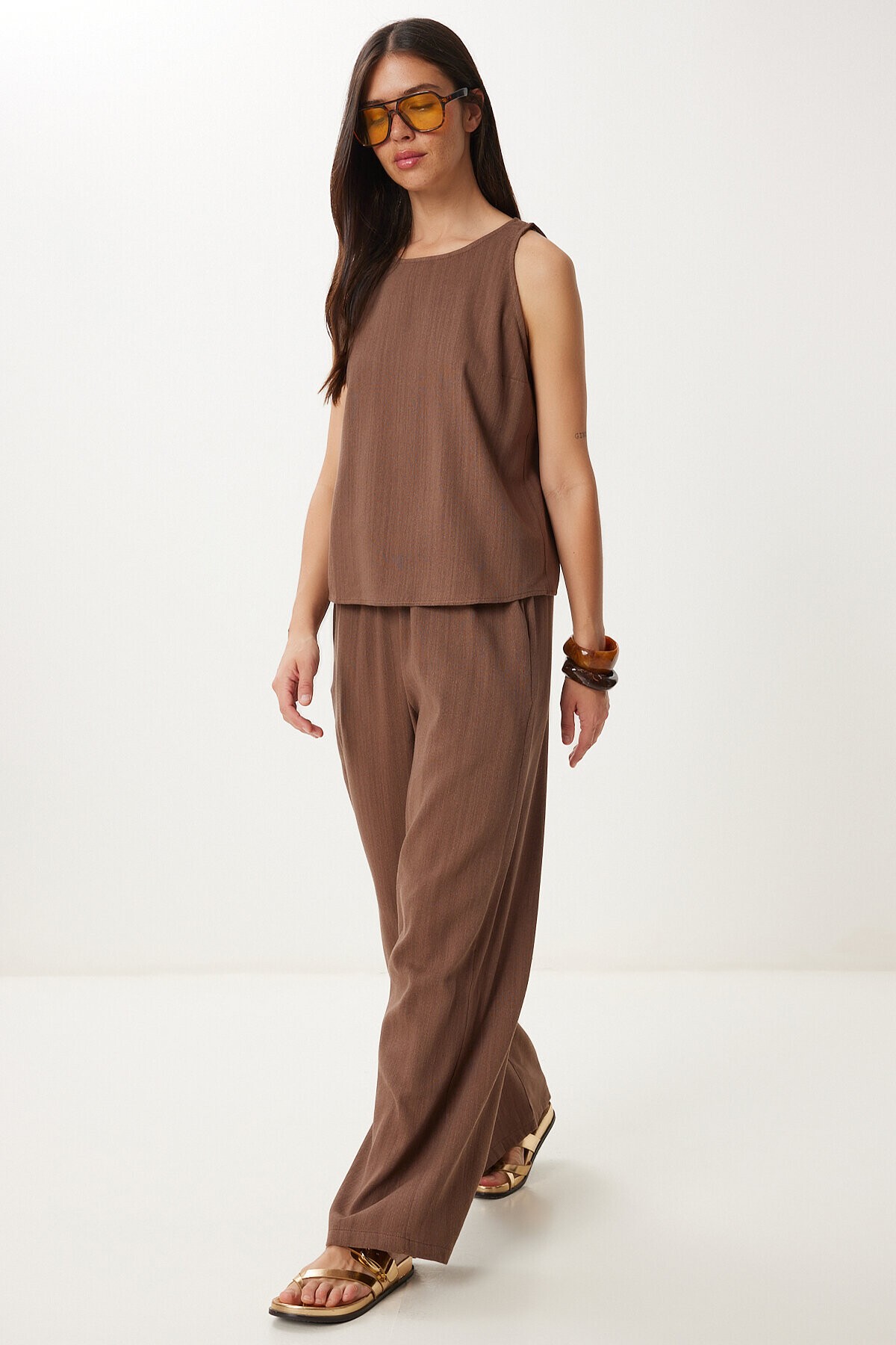 Keten Bluz Pantolon Takım KAHVERENGİ LMC0062