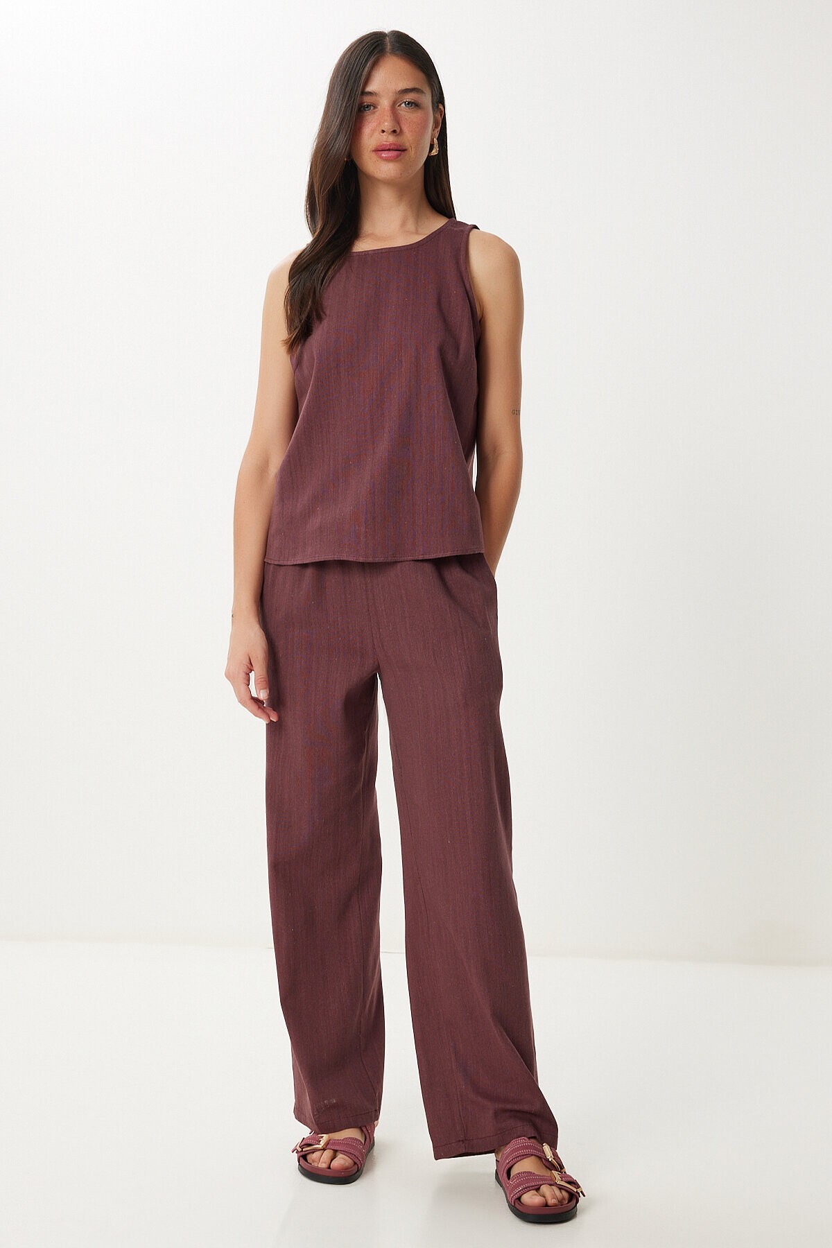 Keten Bluz Pantolon Takım MÜRDÜM LMC0062