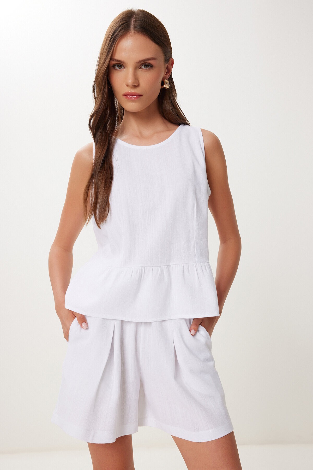 Keten Bluz Şort Takım BEYAZ LMC0061