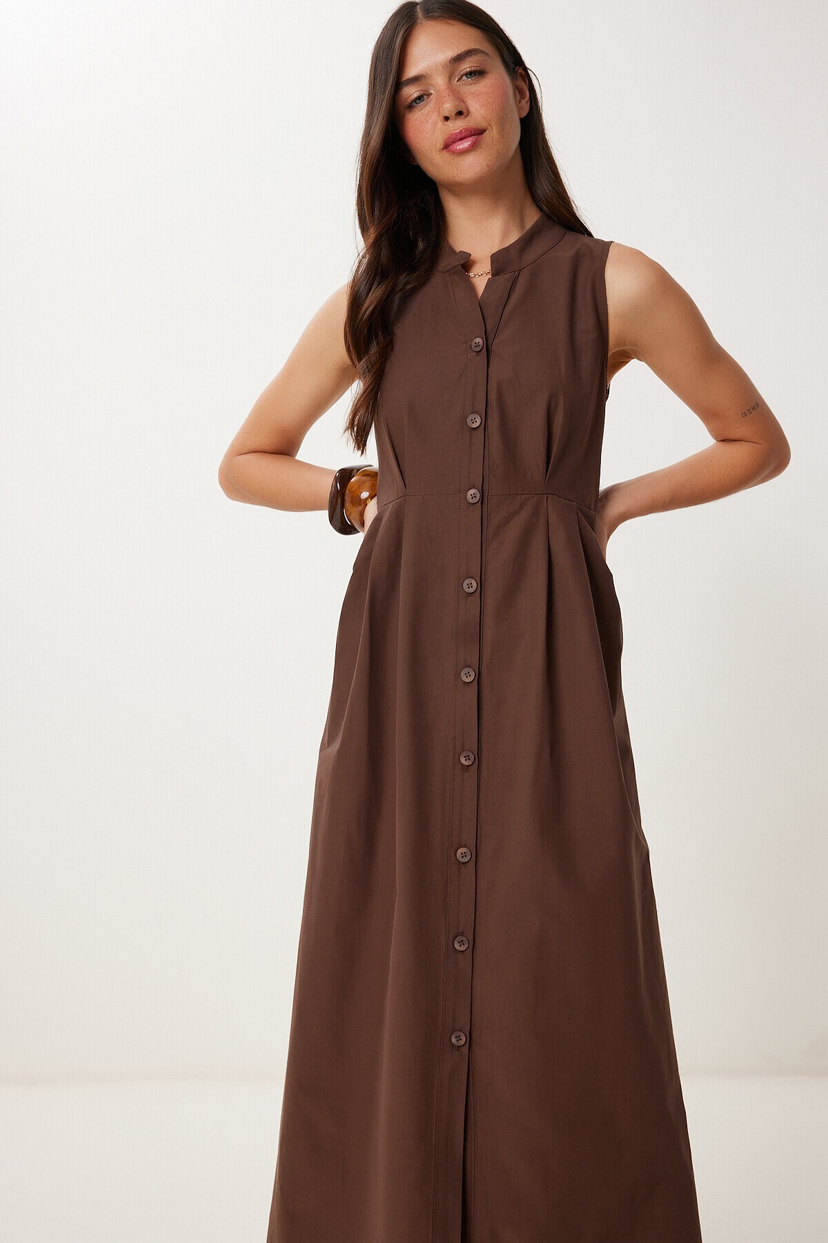 Kolsuz Midi Poplin Gömlek Elbise KAHVERENGİ LMX0093