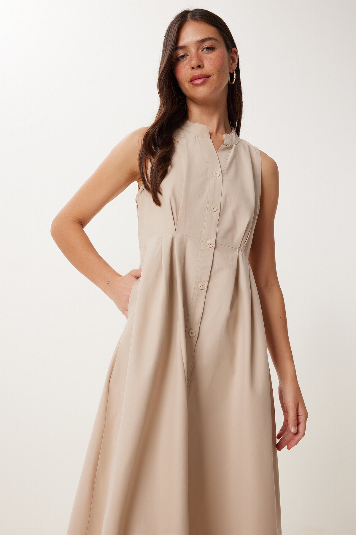 Kolsuz Midi Poplin Gömlek Elbise KREM LMX0093