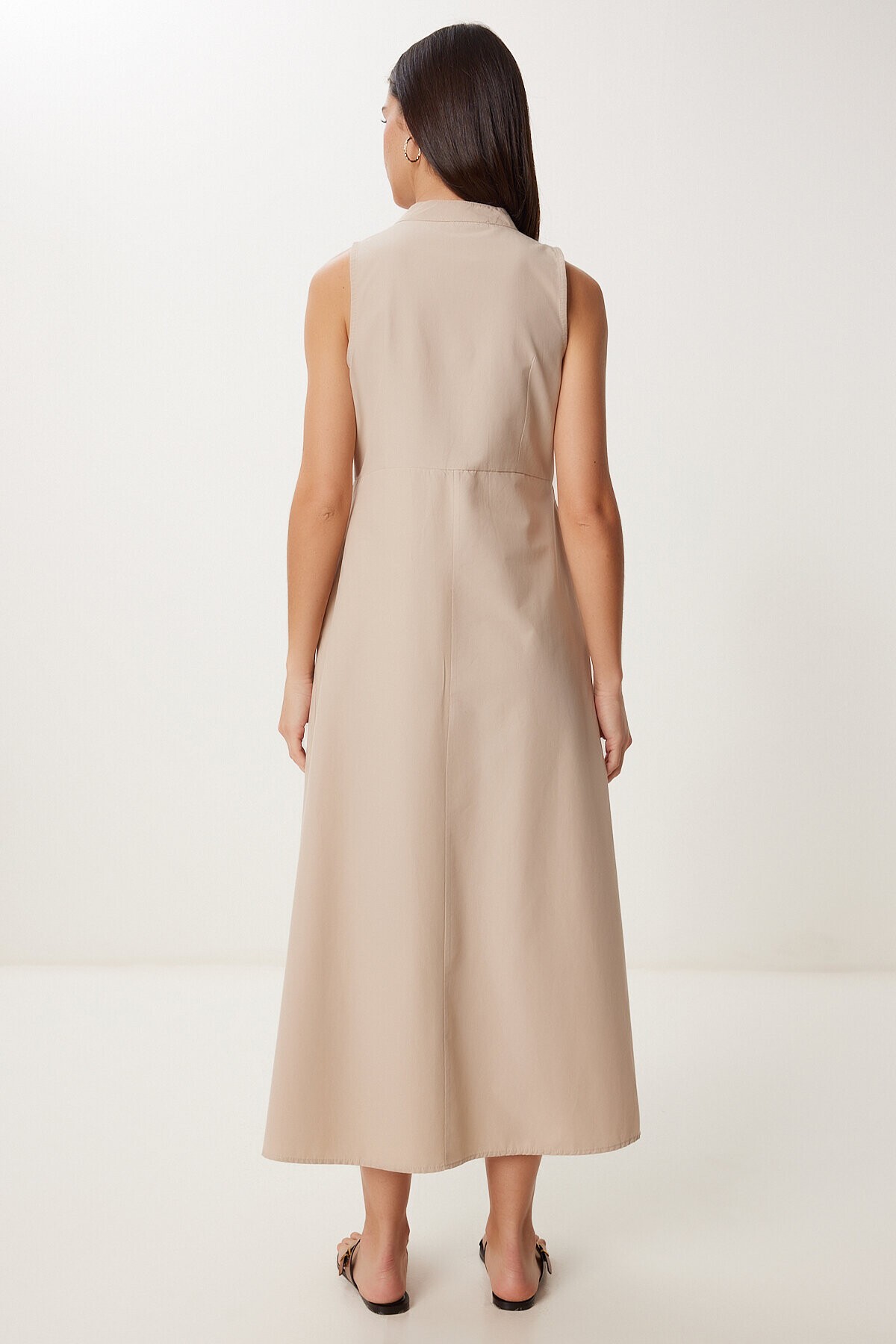 Kolsuz Midi Poplin Gömlek Elbise KREM LMX0093