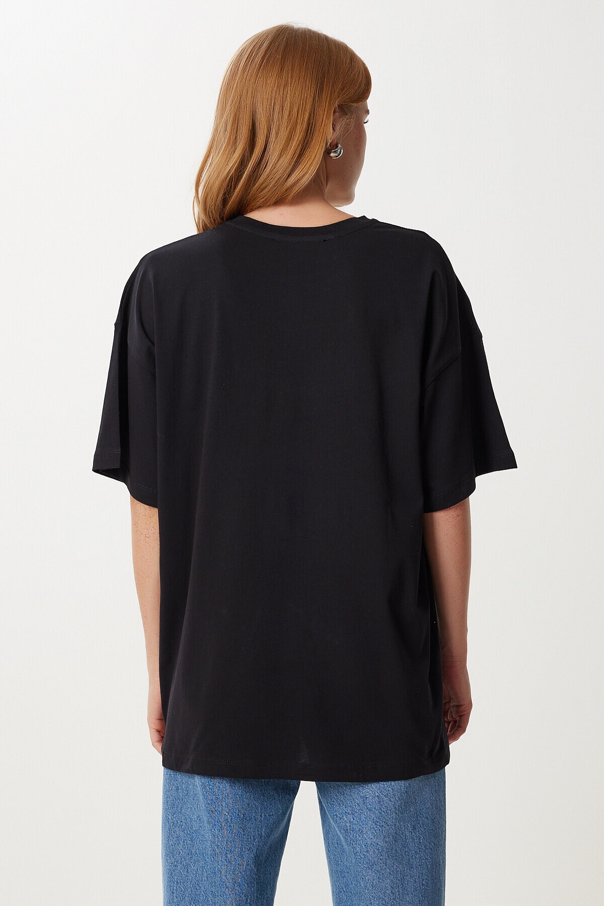 Nakış İşlemeli Oversize Örme T-shirt SİYAH LKT0014