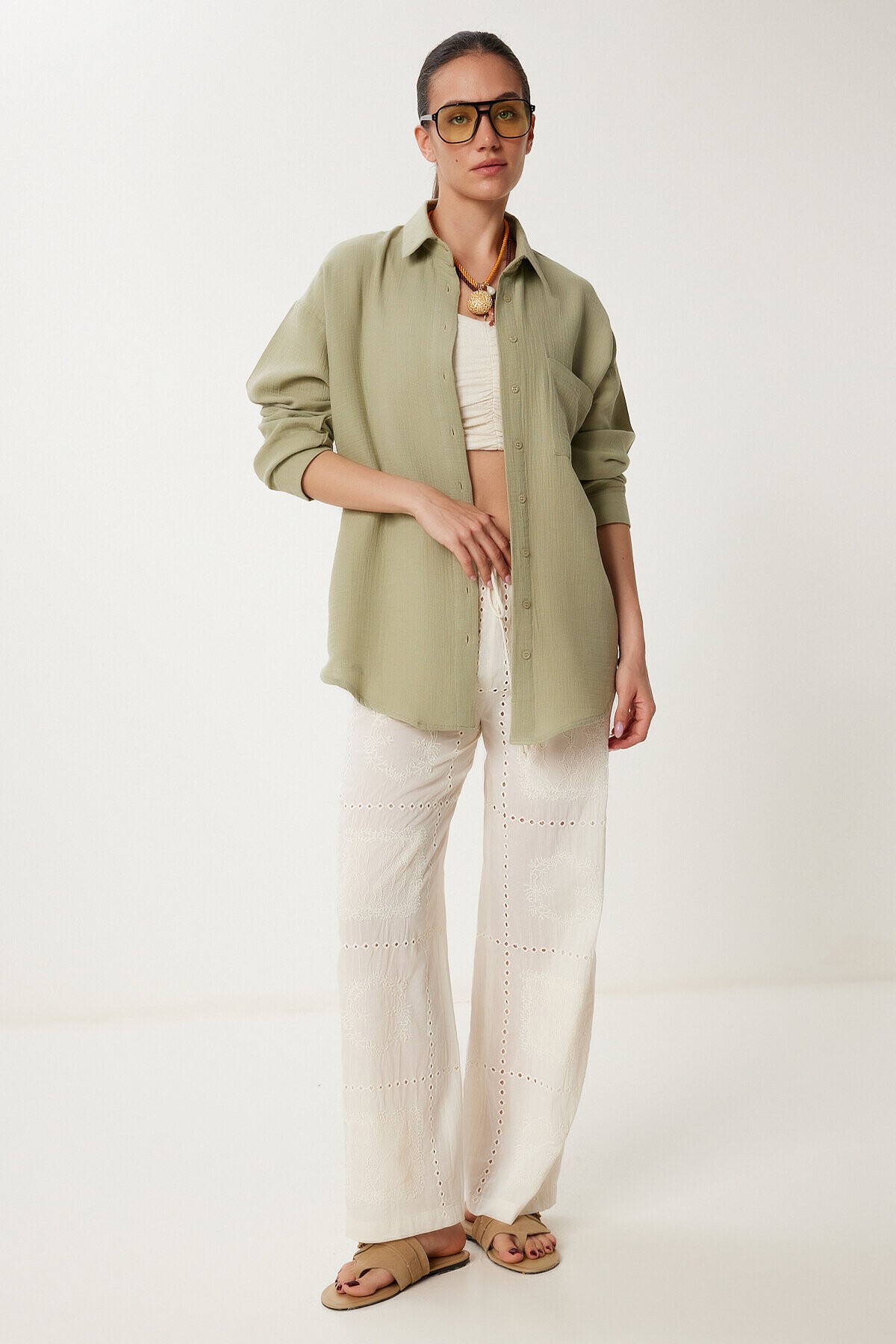 Oversize Basic Müslin Gömlek AÇIK HAKİ LMX0002