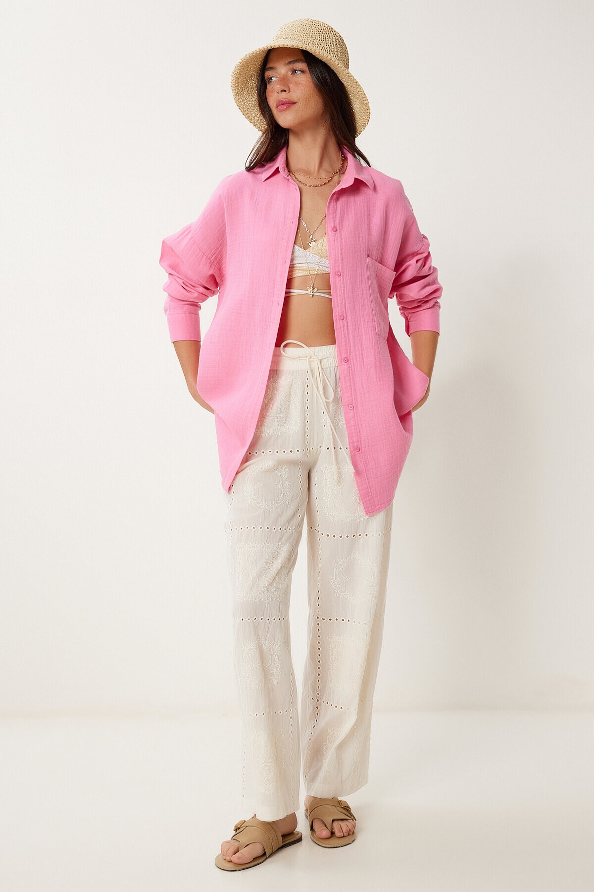 Oversize Basic Müslin Gömlek AÇIK PEMBE LMX0002
