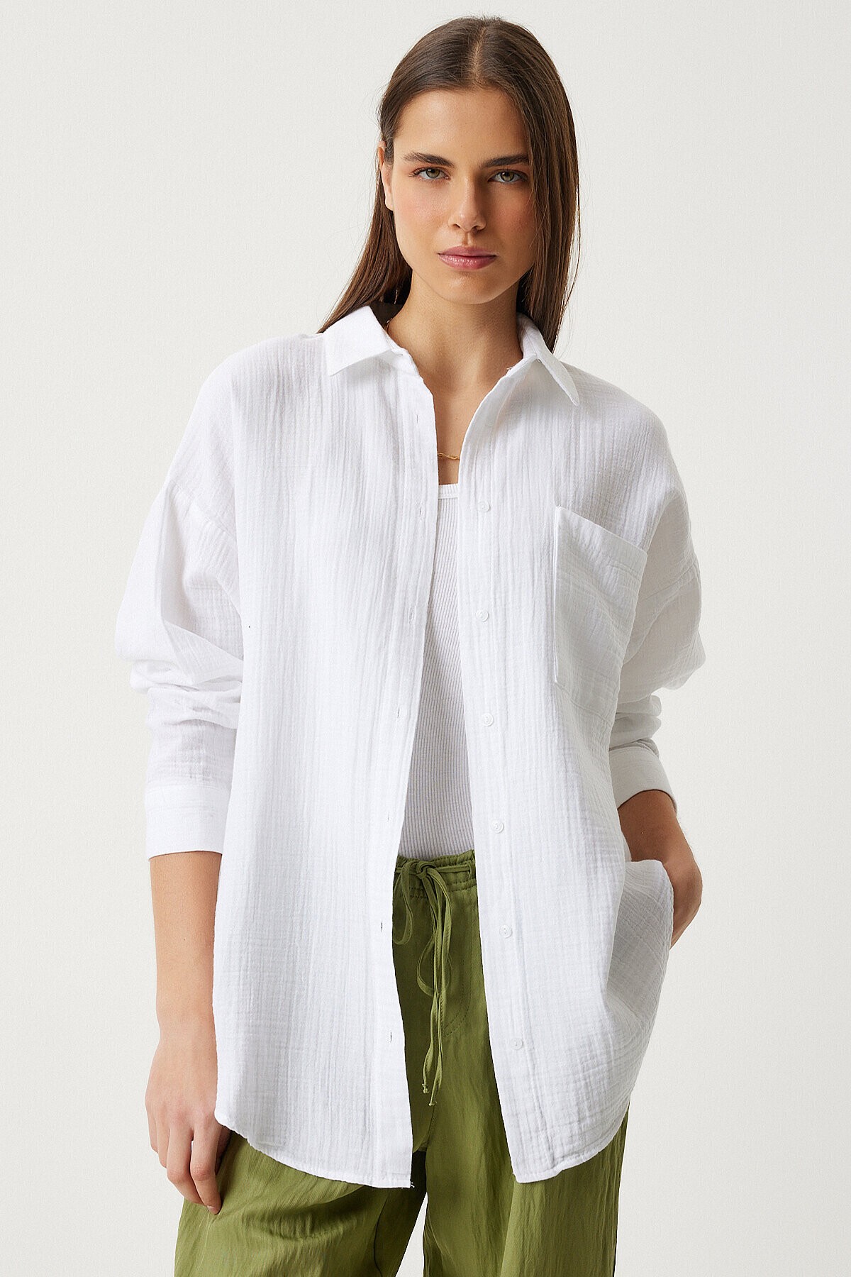 Oversize Basic Müslin Gömlek BEYAZ LMX0002