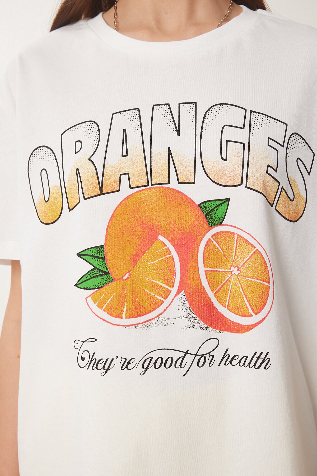 Portakal Baskılı Pamuklu Örme T-shirt EKRU LNS0051