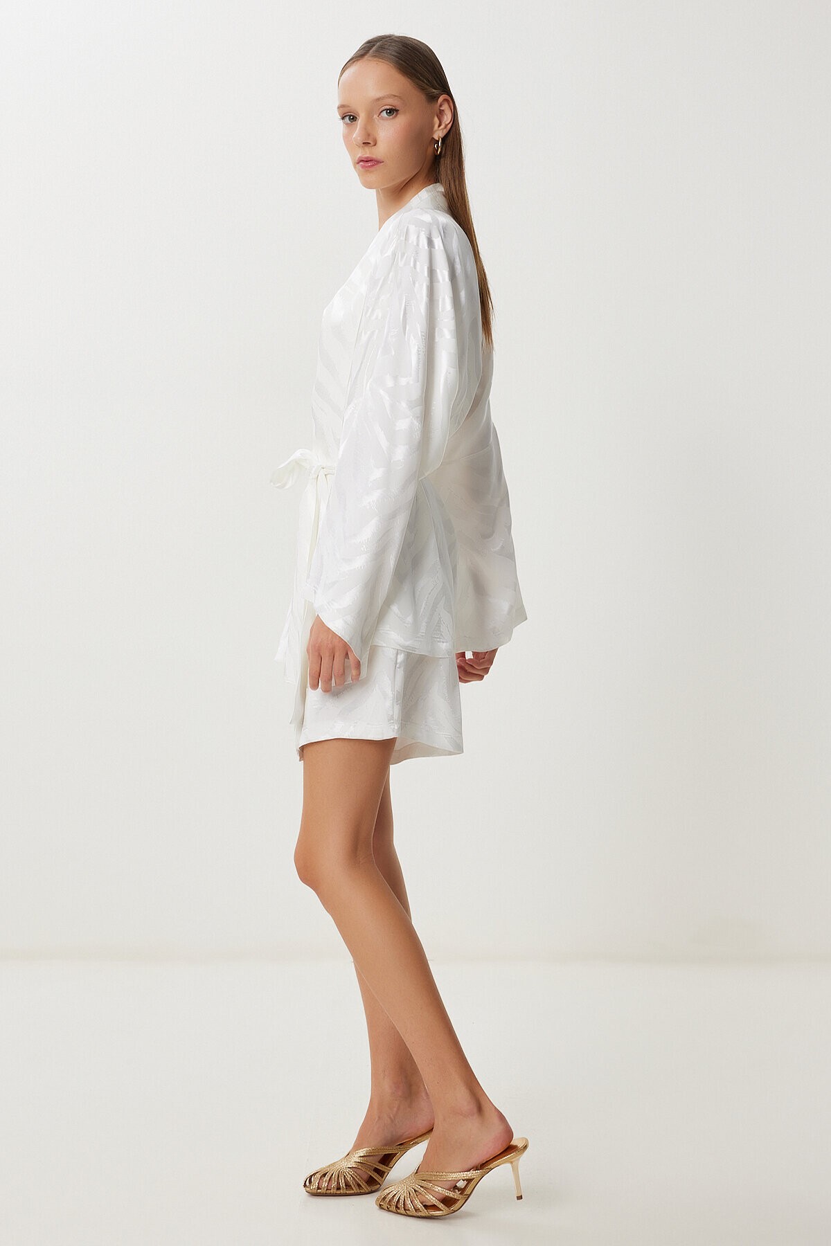 Saten Yüzeyli Kimono Şort Takım EKRU LFG0113