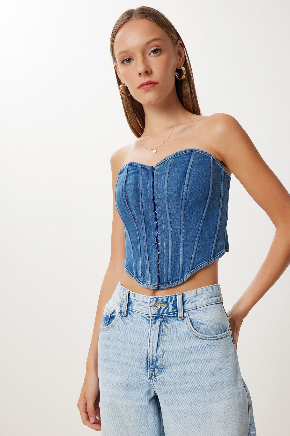 Straplez Denim Bluz KOYU MAVİ LFG0041