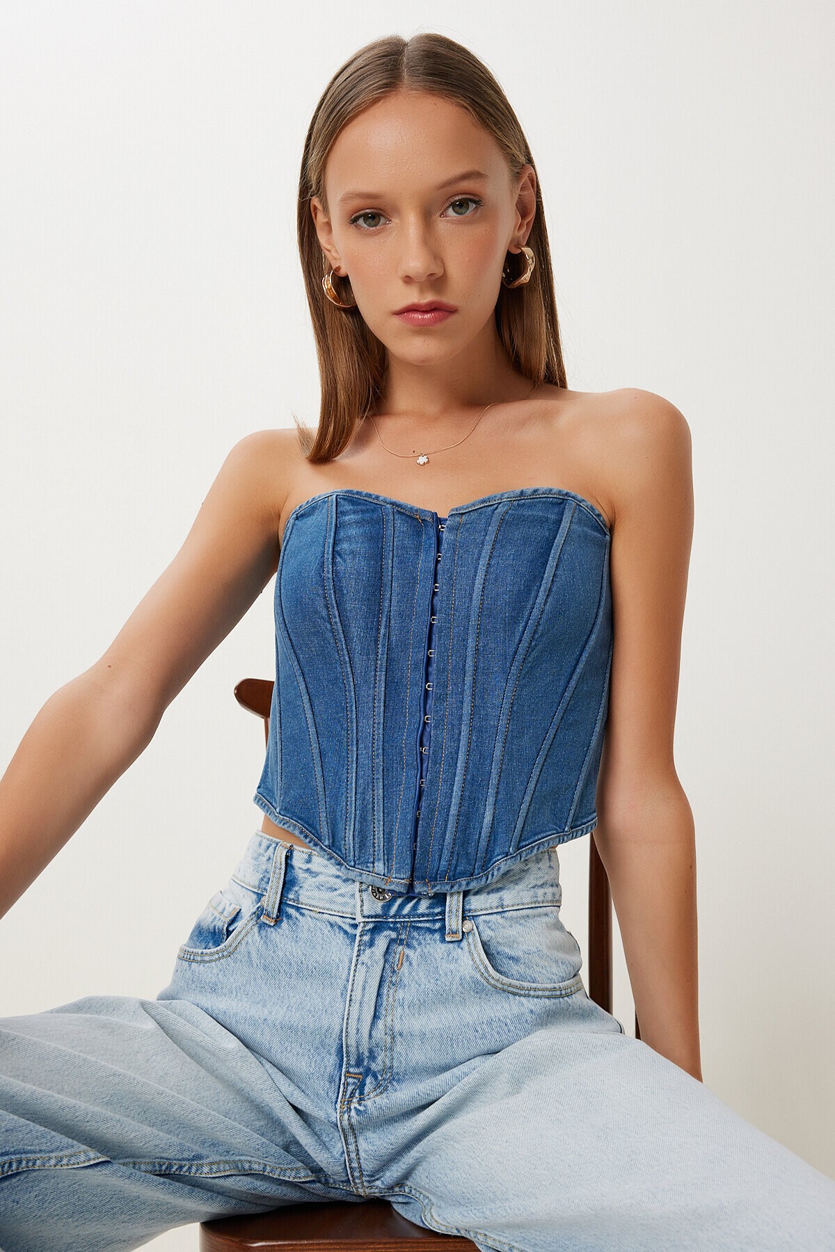 Straplez Denim Bluz KOYU MAVİ LFG0041