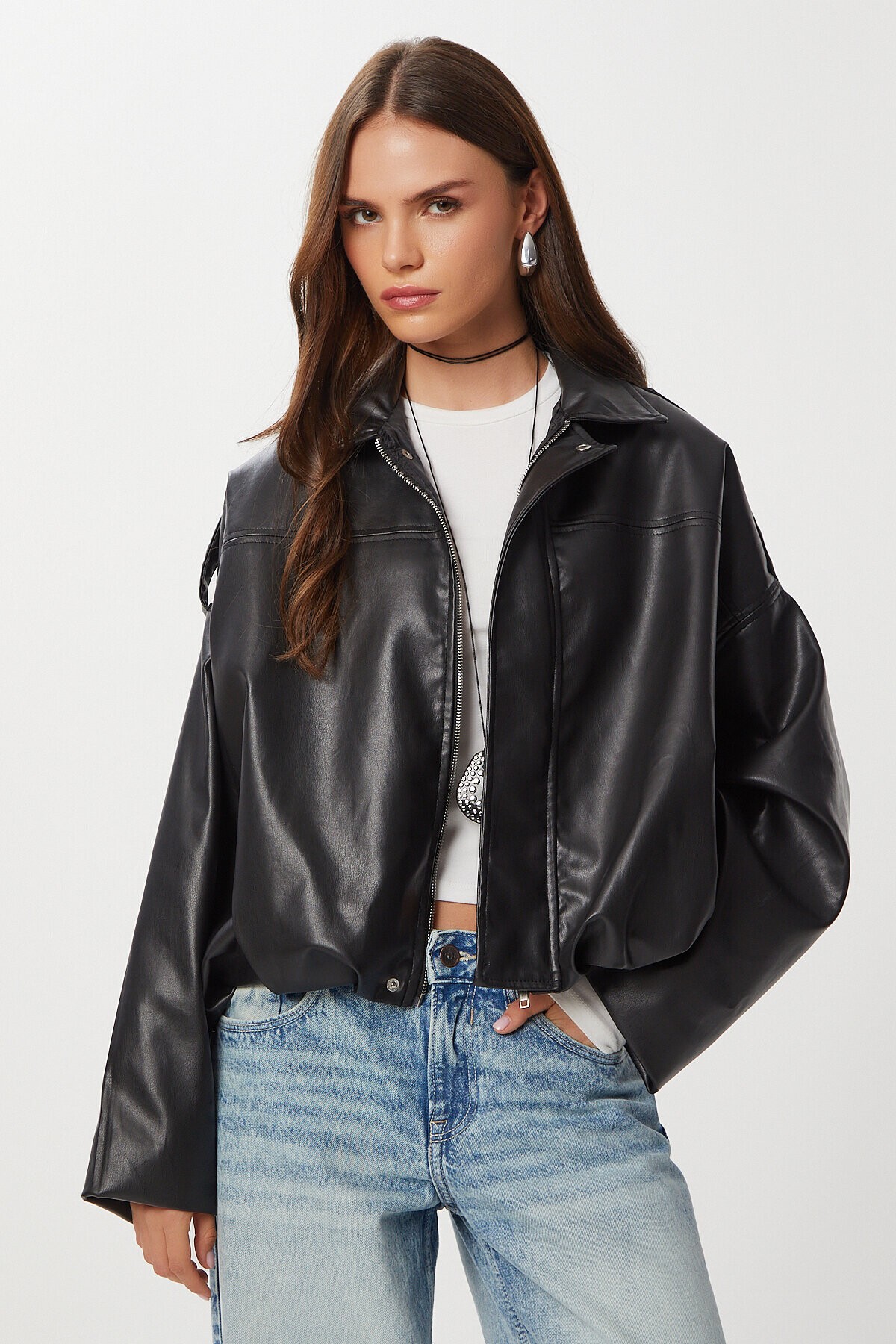 Suni Deri Bomber Ceket SİYAH LOH0012