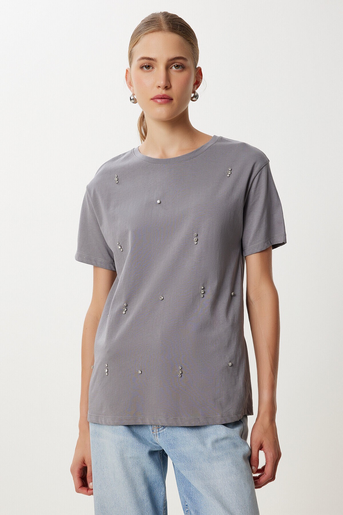Taş Detaylı Pamuklu Örme T-shirt FÜME LKT0006