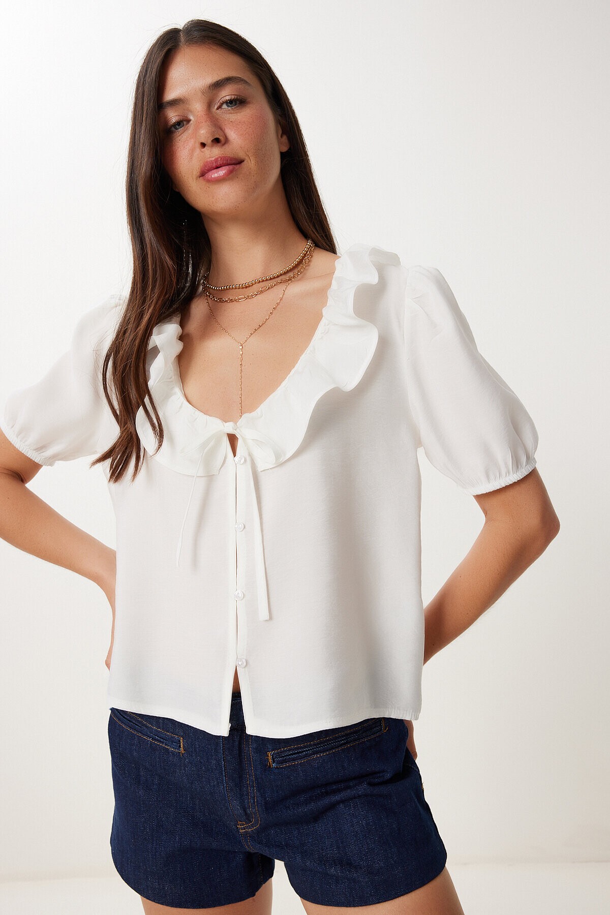 Volanlı Bağlama Detaylı Modal Bluz EKRU LMX0095