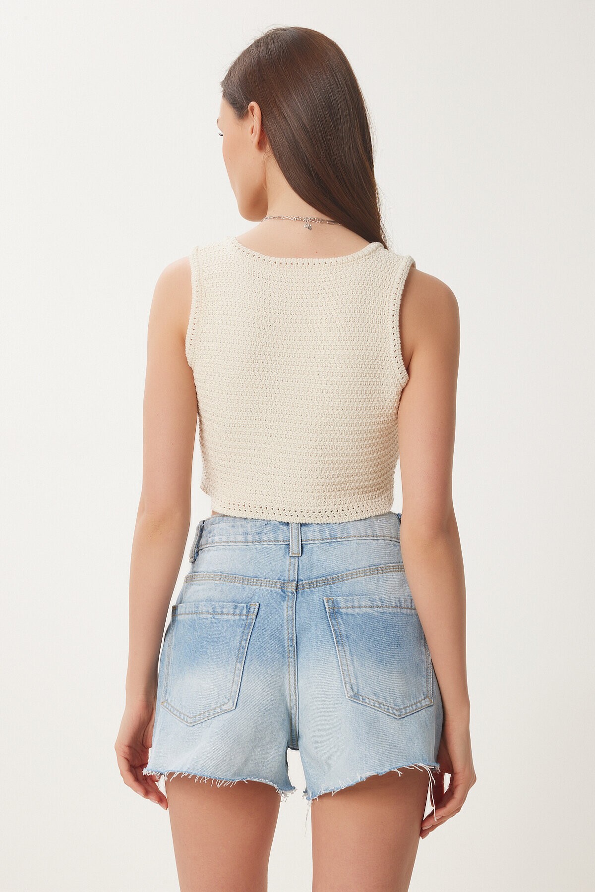 Yazlık Crop Triko Bluz KREM LNS0047