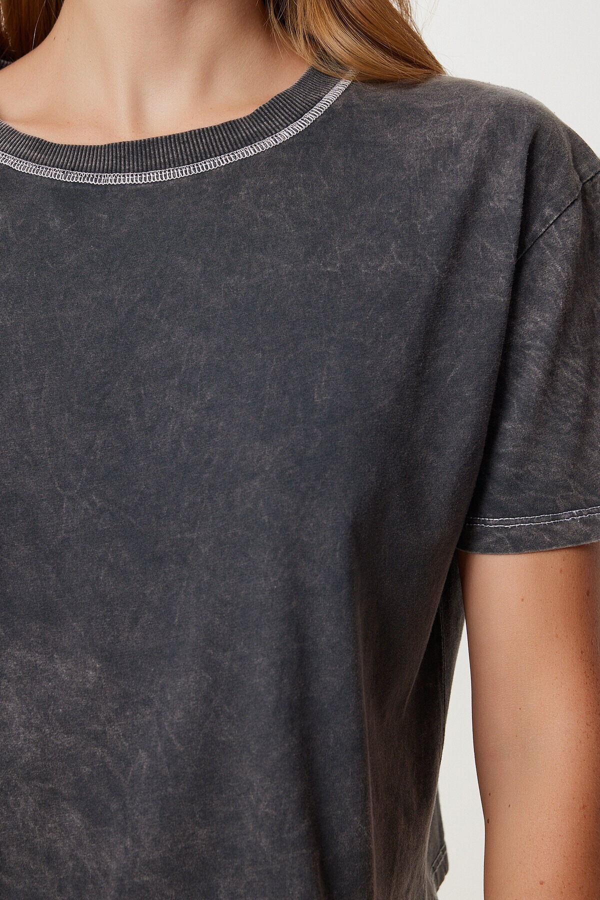 Yıkamalı Crop Örme T-shirt ANTRASİT LKT0013