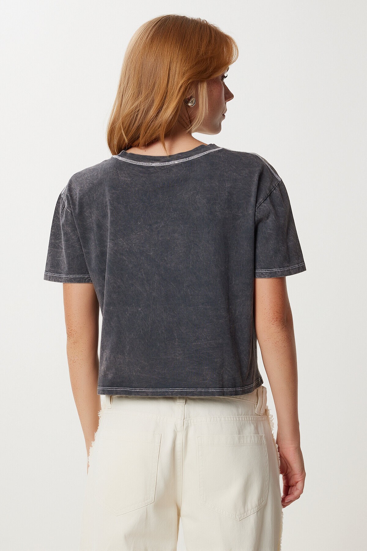 Yıkamalı Crop Örme T-shirt ANTRASİT LKT0013