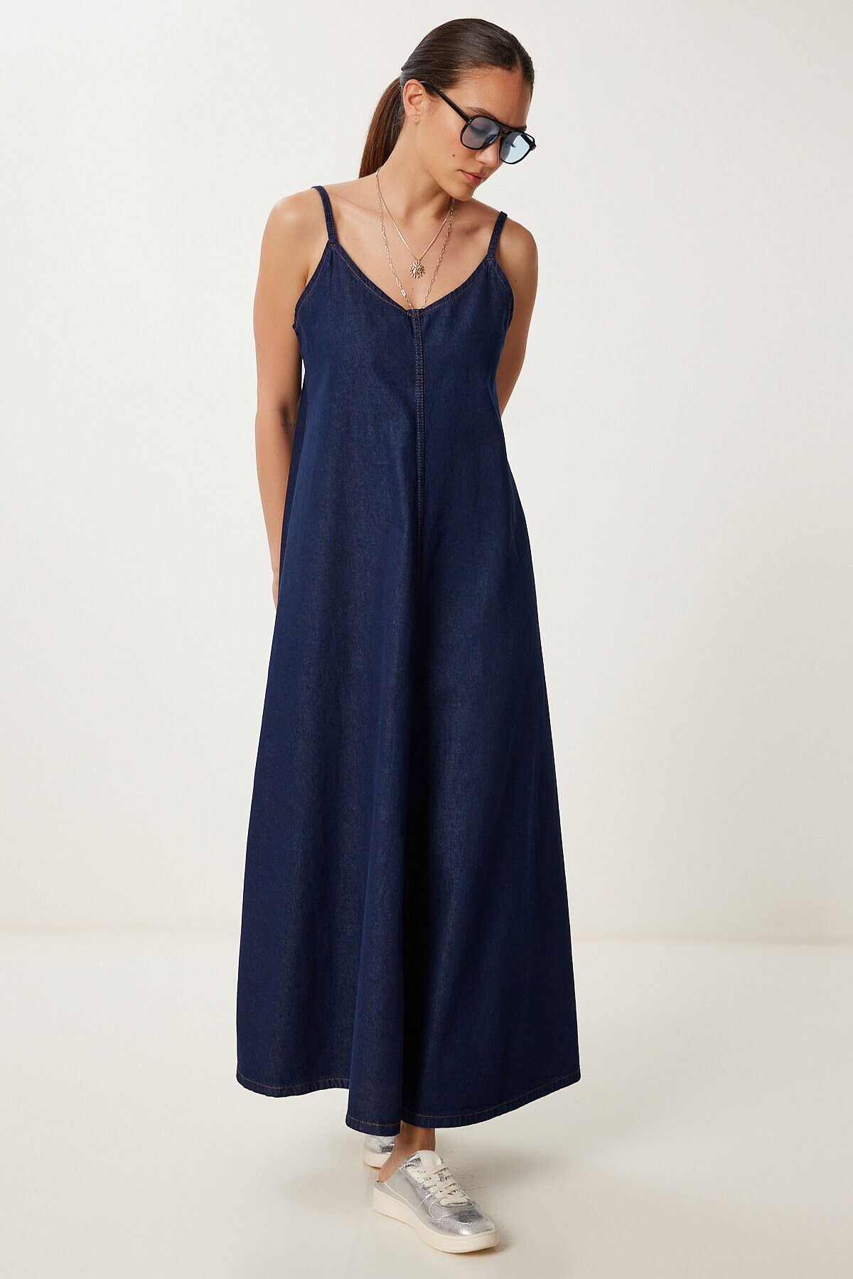 Askılı Denim Çan Elbise LACİVERT LRV0097