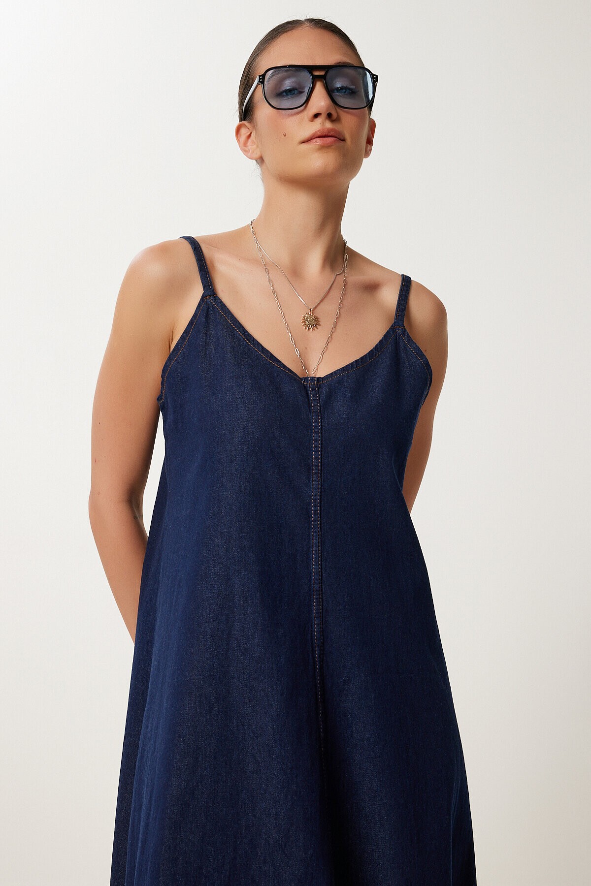 Askılı Denim Çan Elbise LACİVERT LRV0097