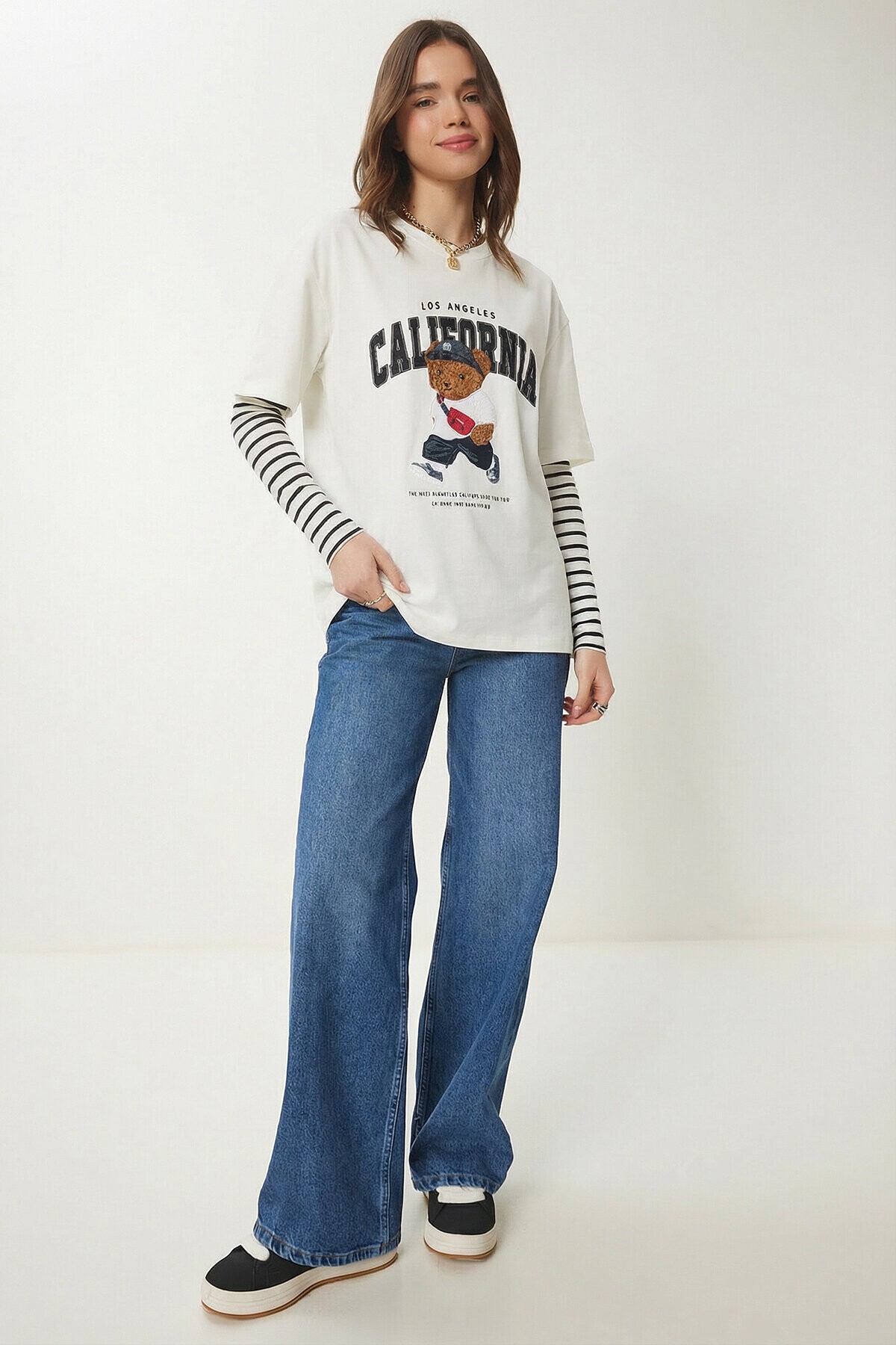 Ayıcık Armalı Baskılı Oversize Örme T-shirt EKRU LMC0088
