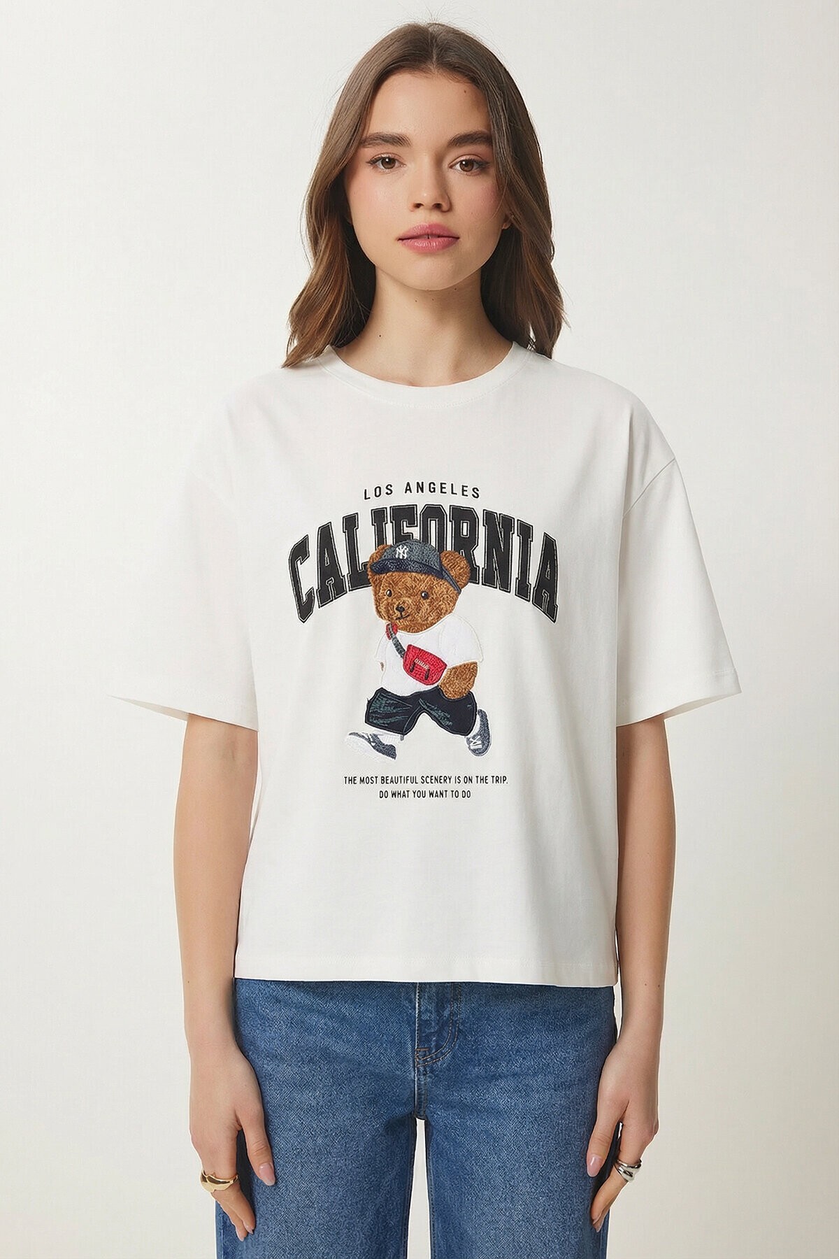 Ayıcık Armalı Baskılı Oversize Örme T-shirt EKRU LMC0088