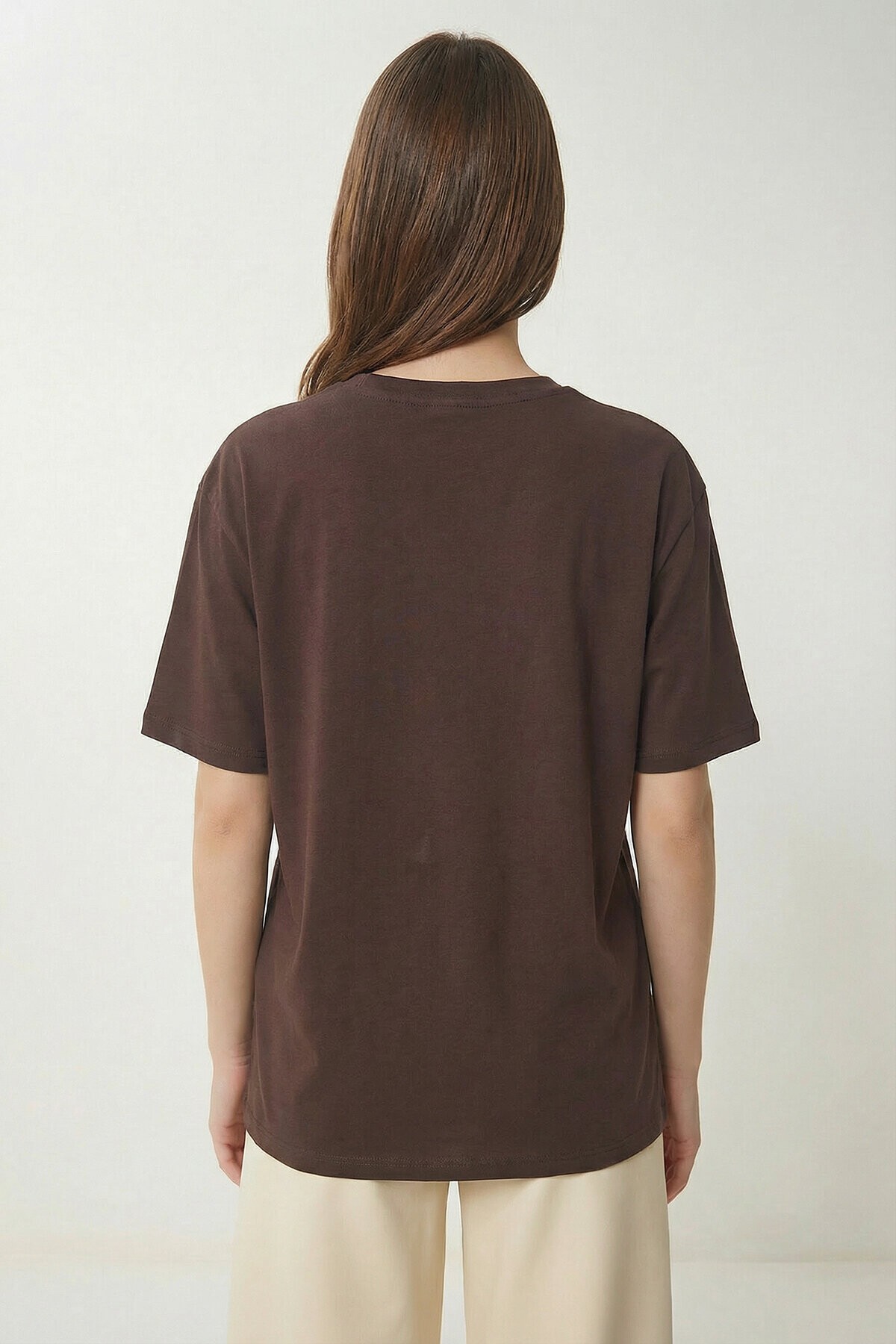 Ayıcık Armalı Baskılı Oversize Örme T-shirt KAHVERENGİ LMC0088