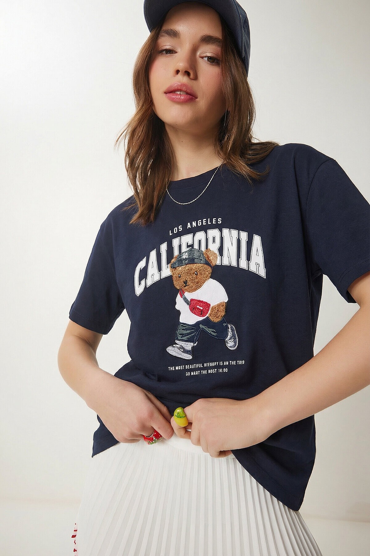 Ayıcık Armalı Baskılı Oversize Örme T-shirt LACİVERT LMC0088