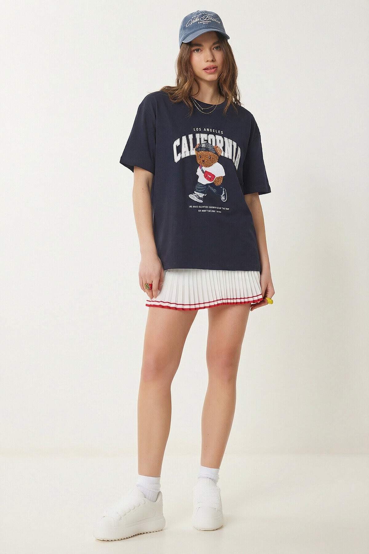 Ayıcık Armalı Baskılı Oversize Örme T-shirt LACİVERT LMC0088