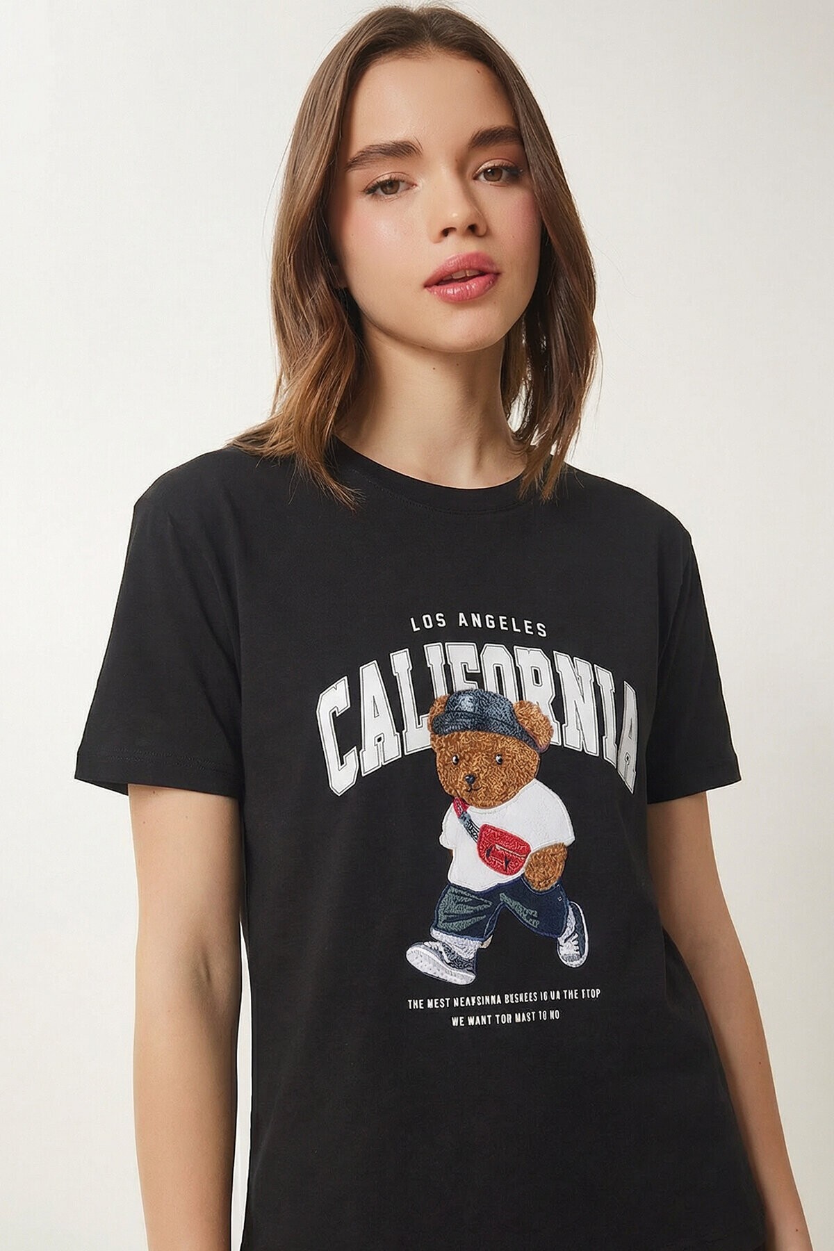 Ayıcık Armalı Baskılı Oversize Örme T-shirt SİYAH LMC0088